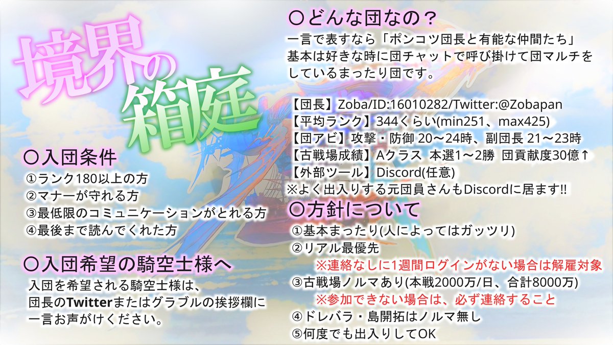 Zobapan's tweet photo. Aクラス団「境界の箱庭」では団員様・傭兵様を3名様募集してます！

古戦場はゆるめのノルマあり、ドレバラ・島開拓はノルマ無しです！

次回の闇古戦場のみでもOK！皆で一緒にほどよくｿｲﾔｯ!!

⬇詳細⬇
https://t.co/IBYmXqk78S 
#団員募集 #グラブル #グラブル掲示板 https://t.co/qqVJbr1YbR