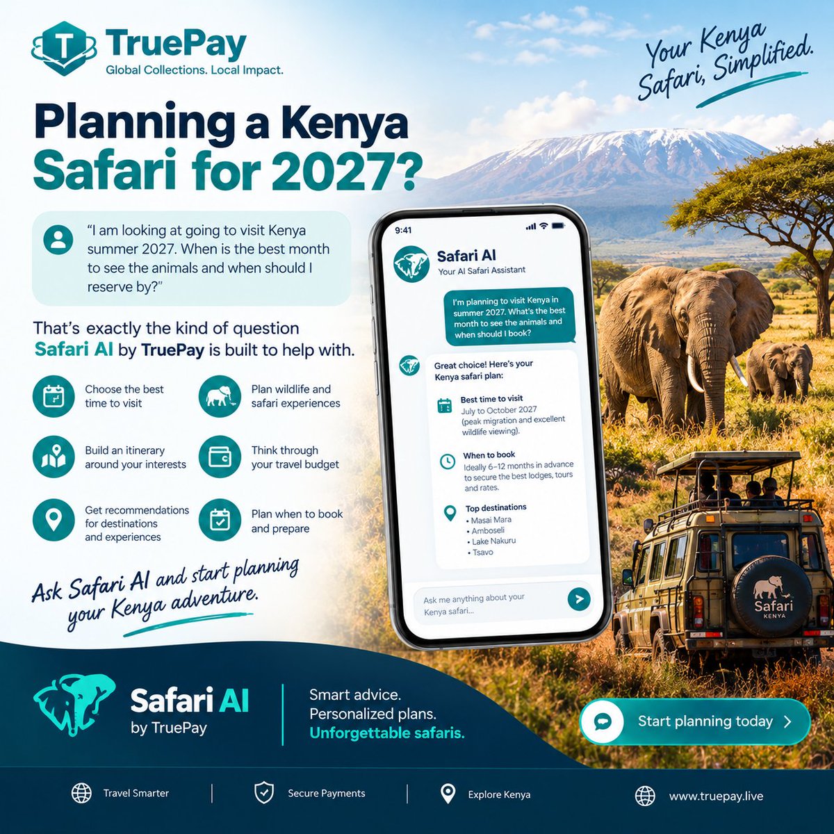 tru_pay8022's tweet photo. 🦁 Planning a Kenya safari for 2027?

Let Safari AI by TruePay help you choose when to visit, where to go, what to see, budget, and when to book.

🌍 Plan smarter. Travel better.

#SafariAI #TruePay #KenyaSafari #VisitKenya https://t.co/B2qKc8dgOV