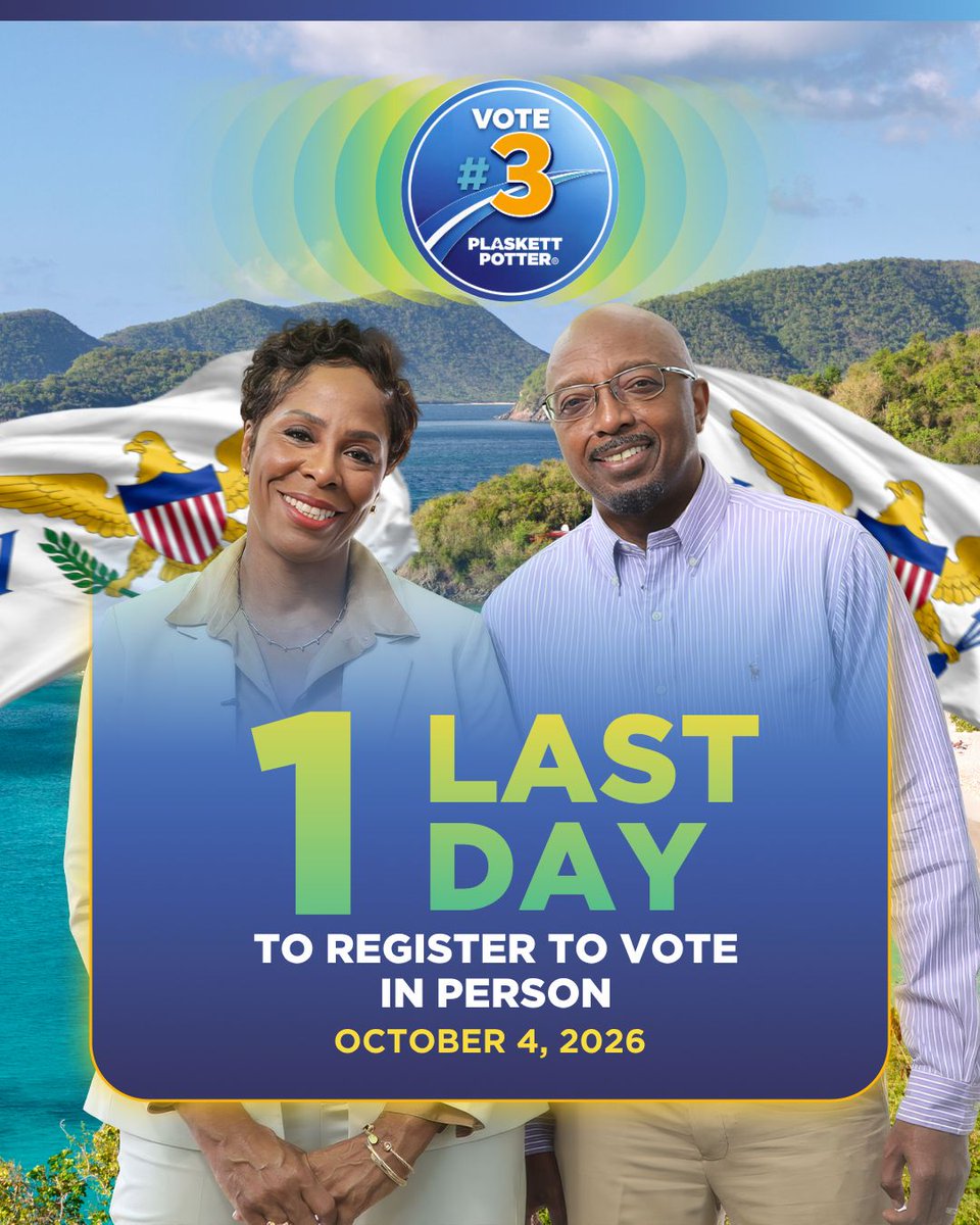 PlaskettPotter's tweet photo. 📢 This is it. Just 1 day left to register to vote!

Don’t wait. Make sure you’re registered and ready for the General Election.
Register today at https://t.co/pPijmL1kBP.

October 4: In Person Registration Deadline
November 3: Election Day
Vote #3 🇻🇮 https://t.co/jmqVqeRMwF
