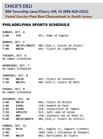 BoopStats's tweet photo. #ChicksDeli-Sun
PHILADELPHIA
SPORTS SCHEDULE –
Daily Sports TV Schedules &
Longer Philly Sports Schedules
At https://t.co/LNeXAK9gwT
#BoopStatsPhillySked https://t.co/lX5CC4HwhO