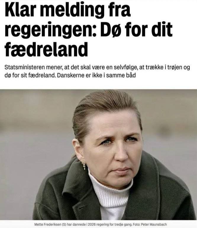 unger2701's tweet photo. 🇩🇰❗️ Zuerst hat sie die Nerze getötet. Jetzt will sie die Dänen töten.

Das Bild aus der dänischen Presse, welches uns Velinformeret zeigt, spricht für sich selbst: 
„Klare Botschaft der Regierung: Stirb für dein Vaterland.“

Die Ministerpräsidentin ist der Meinung, dass es selbstverständlich sein sollte, sich für sein Vaterland einzusetzen und dafür zu sterben. Aber die Dänen sitzen nicht im selben Boot wie sie.

Es ist ihr Krieg. 
Es ist ihre Rhetorik.
Es sind ihre Entscheidungen, die Dänemark näher an einen Konflikt mit Russland gebracht haben.

2020 erteilte Mette Frederiksen den rechtswidrigen Befehl, alle Nerze in Dänemark zu töten. Die Entscheidung wurde in Panik getroffen, ohne gesetzliche Grundlage. Sie zerstörte eine ganze Branche und kostete die Steuerzahler 30 Milliarden Kronen. Die Nerzkommission kam zu dem Schluss, dass sie das Parlament und die Bevölkerung „grob getäuscht“ habe. Ein Amtsenthebungsverfahren entging sie nur, weil die Verjährungsfrist abgelaufen war.

Seitdem hat sie Dänemark auf einen immer gefährlicheren Kurs geführt.

👉 Sie hat über 80 Milliarden Kronen in die Ukraine geschickt – Geld, das den dänischen Sozialstaat und die Katastrophenvorsorge hätte stärken können.

👉 Sie hat jegliche Verhandlungen mit Russland abgelehnt.

👉 Sie hat die Produktion von Raketentreibstoff auf dänischem Boden genehmigt, der für Angriffe auf Moskau verwendet werden kann.

Das macht Dänemark zu einem aktiven Teilnehmer am Krieg – und damit zu einem Ziel.

Sie spricht davon, dass „die Friedenszeit vorbei ist“ und dass die Dänen bereit sein müssen, für Dänemark zu sterben.

Aber nicht Russland hat diese gefährliche Situation herbeigeführt. Es sind ihre eigene Rhetorik und ihre eigenen Entscheidungen.

Der Vorfall auf dem Schießplatz Borris im September 2025 zeigt, wie nah Dänemark einer Katastrophe gewesen sein könnte. Dänische Soldaten feuerten 43 Schüsse auf etwas ab, das sie für eine Drohne hielten, während ein norwegisches Passagierflugzeug über das Gebiet flog. Die dänischen Streitkräfte gaben zunächst falsche Informationen weiter. Wäre das Flugzeug getroffen worden, wäre Russland sofort beschuldigt worden. Der Krieg wäre auf falscher Grundlage ausgebrochen.

‼️ Mette Frederiksen ist keine starke Führungspersönlichkeit. Sie ist eine gefährliche Führungspersönlichkeit.

Ihr Temperament, ihre Neigung zu schnellen und unüberlegten Entscheidungen sowie ihr Einsatz von Angst als politisches Instrument haben Dänemark verwundbarer gemacht – nicht sicherer. Zuerst opferte sie die Nerze. Jetzt opfert sie die Dänen.