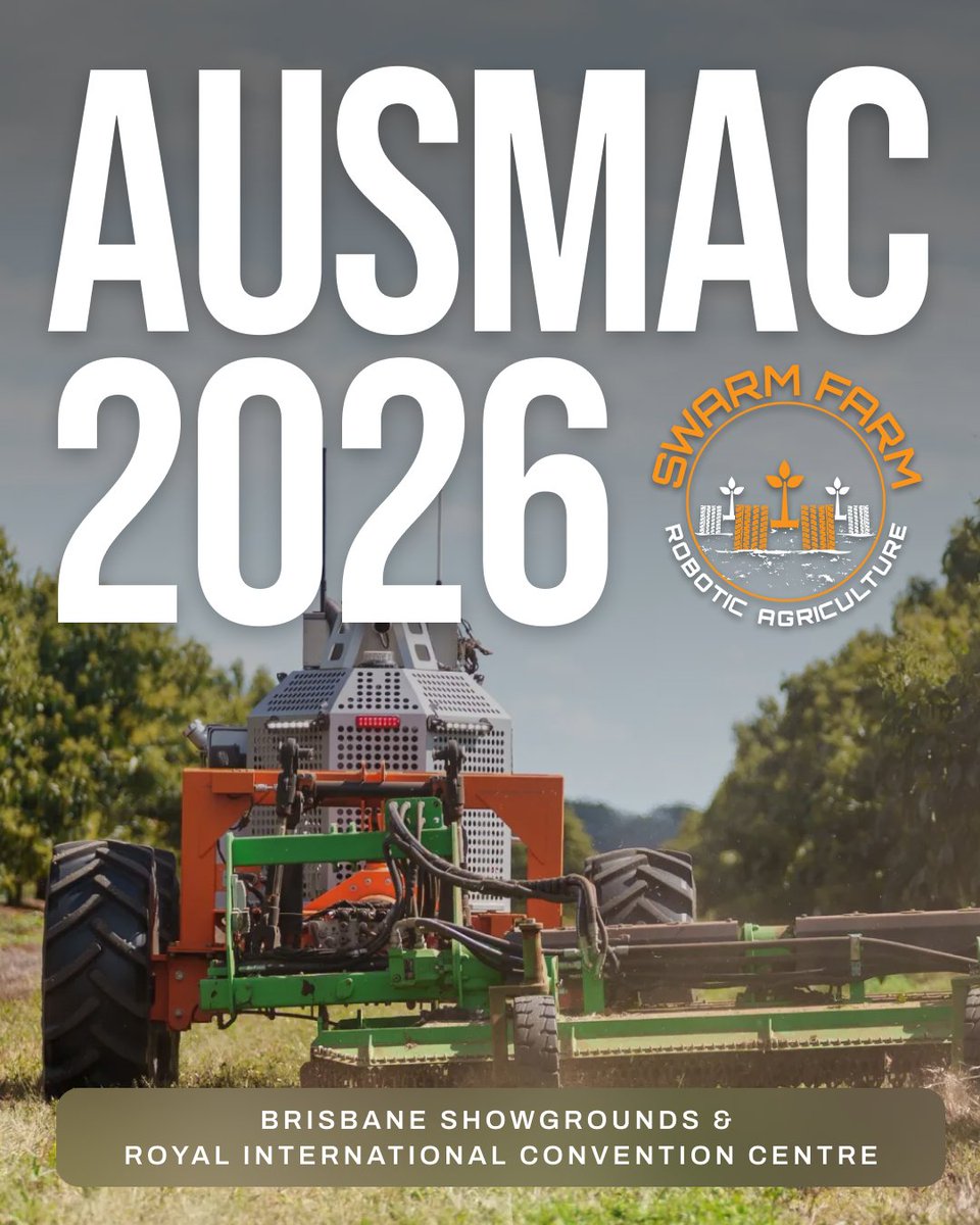 SwarmFarm's tweet photo. 11 days until AusMac 2026!

We’re bringing plenty to AusMac 2026, including the debut of our all-new DC Ag herbicide rig and Ben Wye Engineering’s first hydraulic mower, both paired with our SwarmBot 5 V3.

Catch Alec Duffy in the “Ideas in Action” session on Wednesday, followed by Happy Hour, proudly sponsored by SwarmFarm Robotics.

Then join us on Thursday for live machinery demonstrations featuring our latest SwarmConnect innovations.

See you there!
#SwarmFarm #AusMac2026 #FutureOfFarming