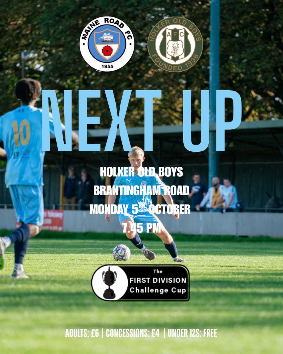 MaineRoadFC's tweet photo. NEXT UP | Holker Old Boys
The Road are in cup action tomorrow night as we welcome Holker Old Boys to Brantingham Road in the Edward Case Cup.
📍 Brantingham Road
⏰ 7:45pm Kick-Off
🗓️ Monday 5th October
🎟️ Adults: £6
🎟️ Concessions: £4
🎟️ U12s: Free
#MaineRoadFC #UpTheRoad https://t.co/jOsm82FjH9