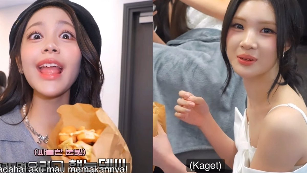Two young women appear in a split-screen, with the left woman holding a bag of food and showing an excited expression while the right woman looks surprised with the caption "(Kaget)" displayed, both featuring Korean and Indonesian subtitles referencing reactions to food.