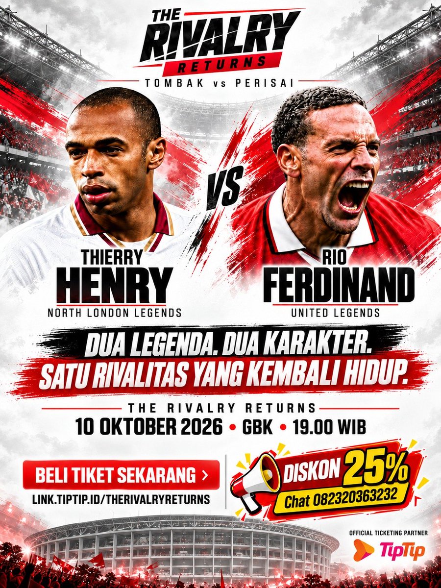 junjunqqr's tweet photo. Jangan kelewatan! Sabtu 10 Oktober 2026, GBK bakal jadi saksi reuni akbar #MUvsArsenalLegend. The Rivalry Returns siap bikin kita flashback ke masa jaya Premier League. https://t.co/mUpo4dBOVt