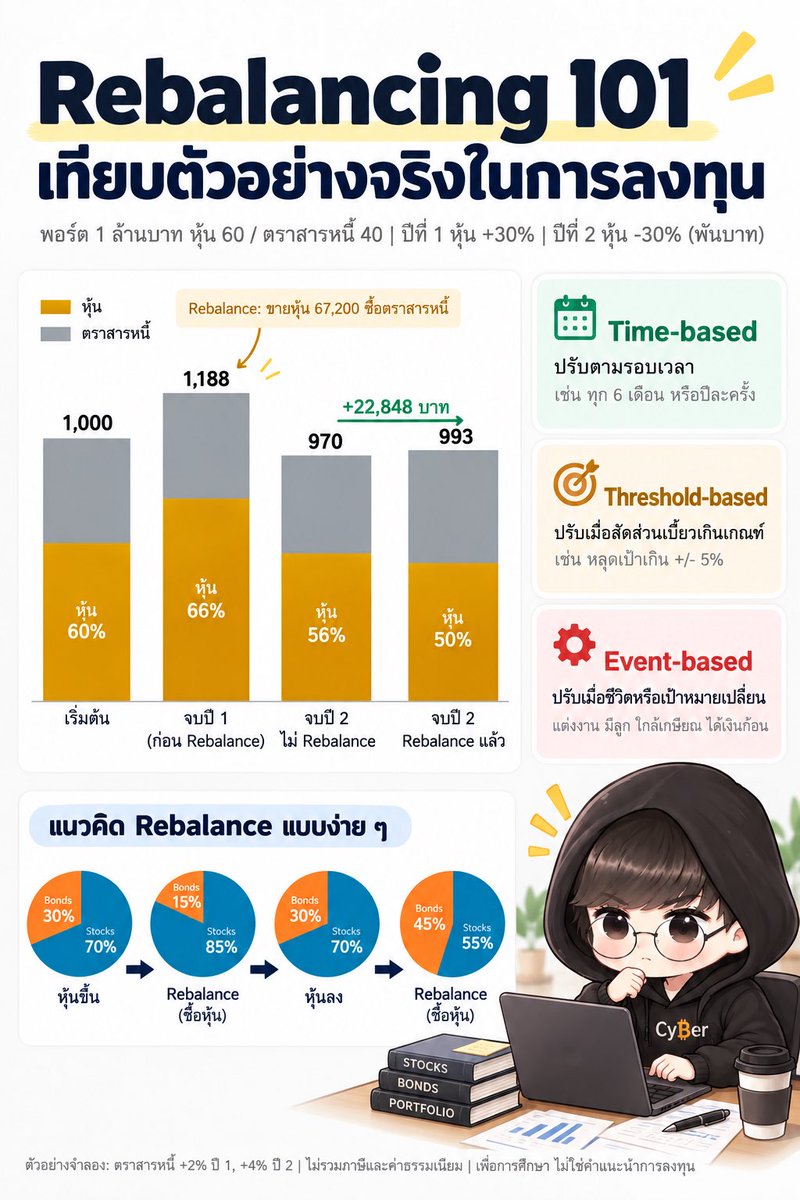 Cyber__trader's tweet photo. พอร์ตที่ไม่เคย Rebalance คือ พอร์ตที่เปลี่ยนนิสัยไปเองโดยที่เราไม่รู้ตัว ⚖️

สมมุติเราตั้งใจรับความเสี่ยงระดับหนึ่ง แต่ผ่านไป 3 ปี พอร์ตอาจกลายเป็นคนละตัวกับที่เราออกแบบไว้เลย!!

เริ่มจาก Rebalancing คืออะไร? 

Rebalancing คือ การปรับสัดส่วนพอร์ตกลับไปที่เป้าหมายเดิม ขายส่วนที่โตเกินมา แล้วเติมส่วนที่ลดลง

ลองดูตัวอย่างครับ พอร์ต 1 ล้านบาท แบ่งหุ้น 60% ตราสารหนี้ 40%

ปีที่ 1 หุ้นขึ้น 30% ตราสารหนี้ขึ้น 2% พอร์ตโตเป็น 1,188,000 บาท แต่สัดส่วนหุ้นขยับเป็น 66% โดยที่เราไม่ได้ตั้งใจ

ถ้า Rebalance คือ ขายหุ้นออก 67,200 บาท ไปซื้อตราสารหนี้ ให้กลับมาเป็น 60/40 เท่าเดิม

ปีที่ 2 ตลาดพลิก หุ้นร่วง 30% ตราสารหนี้ขึ้น 4%

คนที่ไม่ Rebalance เหลือ 970,320 บาท
คนที่ Rebalance เหลือ 993,168 บาท

ต่างกัน 22,848 บาท จากแค่การทำสิ่งน่าเบื่อนี้ปีละครั้งเอง

และถ้าตลาดกระทิงยาวๆ 3 ปีติด หุ้นขึ้นปีละ 20% พอร์ต 60/40 จะกลายเป็นหุ้น 71% แบบเงียบๆ พอวันที่ตลาดร่วงมาถึง เราจะเจ็บหนักกว่าที่ตัวเองเคยตั้งใจไว้ ซึ่งการ Rebalance ช่วยแก้สิ่งนี้ และทำให้เราแบ่งเก็บกำไรไปในตัวด้วย

โดยกลยุทธ์การ Rebalance มี 3 แบบหลักๆ ครับ

1. Time-based ปรับตามรอบเวลา เช่นทุก 6 เดือนหรือปีละครั้ง ง่ายที่สุด เหมาะกับมือใหม่

2. Threshold-based ปรับเมื่อสัดส่วนหลุดจากเป้าเกินเกณฑ์ เช่นเกิน +/- 5% ตอบสนองตลาดได้ดีกว่า แต่ต้องคอยเช็คตลอด

3. Event-based ปรับสถานการณ์เศรษฐกิจเปลี่ยน หรือเมื่อชีวิตเปลี่ยน เช่น แต่งงาน มีลูก ได้เงินก้อน หรือเข้าใกล้เกษียณ อันนี้คือการปรับ "เป้าหมาย" ไม่ใช่แค่ปรับสัดส่วนการลงทุน

ทำไมถึงสำคัญมากๆ ในการลงทุนระยะยาว?

เพราะ Rebalance บังคับให้เรา "ขายของแพง ซื้อของถูก" แบบอัตโนมัติ ซึ่งเป็นสิ่งที่สมองมนุษย์ทำได้ยากที่สุด ตอนหุ้นขึ้นเราอยากถือต่อ ตอนหุ้นลงเราไม่กล้าซื้อ ระบบนี้ช่วยตัดอารมณ์ออกไป

แต่ต้องบอกตรงๆ ให้ว่า Rebalance ไม่ได้ทำให้ได้ผลตอบแทนสูงสุดเสมอไป ถ้าตลาดขึ้นยาวต่อเนื่อง คนที่ไม่ Rebalance อาจได้มากกว่า เป้าหมายจริงของมันคือ "คุมความเสี่ยง" ให้พอร์ตอยู่รอดในวันที่ตลาดไม่เป็นใจ

ในประสบการณ์การทำงานผม มีข้อผิดพลาดที่หลายคนมักกันเจอบ่อย

1. ปรับบ่อยเกินไป ค่าธรรมเนียมและภาษีกินผลตอบแทนหมด

2. ปล่อยให้อารมณ์ชนะ ถึงเวลาต้องขายตัวที่กำลังขึ้นแต่ไม่ยอมขาย เพราะ "เดี๋ยวมันขึ้นอีก"

3. ย้ายเป้าหมายตามตลาด หุ้นขึ้นก็เปลี่ยนเป้าเป็น 80/20 แทนที่จะ Rebalance กลับ

4. ดูแค่บางบัญชีลงทุน ลืมนับ PVD, RMF, ThaiESG หรือเงินฝากรวมเข้าไปในภาพเดียวกัน

5. ไม่ใช้เงินลงทุนใหม่ที่ได้จากกำไรช่วย ทั้งที่การเติมเงินเข้าส่วนที่ต่ำกว่าเป้า คือ วิธี Rebalance ที่ประหยัดต้นทุนที่สุดแล้ว

ในฐานะที่ปรึกษาการเงิน สิ่งที่ผมเห็นบ่อยที่สุดคือ หลายคน "รู้" ว่าควร Rebalance แต่มีน้อยคนมากที่ "ทำจริง" เพราะมันอยู่แค่ในหัว ไม่ได้อยู่ในระบบ

ผมอยากฝากให้ลองสร้างระบบให้มันทำงานแทนความตั้งใจของคุณดู

เริ่มจากเขียนสัดส่วนเป้าหมายไว้ให้ชัด -> ตั้งปฏิทินเตือนวันที่จะเช็คพอร์ต -> กำหนดกฎว่าหลุดกี่ % ถึงต้องปรับ -> ตั้ง DCA ให้เงินใหม่ไหลเข้าส่วนที่ต่ำกว่าเป้าอัตโนมัติ

ผมกล้าพูดว่า “ระบบที่อยู่ในหัวไม่เคยช่วยใคร” มีแต่ “ระบบที่ลงมือทำจริงเท่านั้นที่ช่วยให้พอร์ตคุณรอด”

แล้วเพื่อนๆ Rebalance พอร์ตครั้งล่าสุดเมื่อไหร่? หรือยังไม่เคยทำเลย คอมเม้นบอกกันได้นะครับ 👇

#Rebalance #ลงทุน #วางแผนการเงิน #การเงิน #ลงทุน101