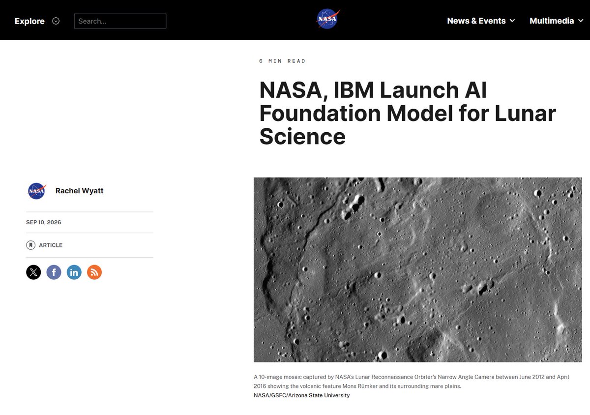 Secretof_forest's tweet photo. NASA and IBM Research released an open-source Lunar Foundation Model, trained from scratch on ~2M image tiles from 17 years of Lunar Reconnaissance Orbiter data.

IBM says it cut polar ice prediction error by up to 22% versus the strongest baseline.

Weights on Hugging Face. https://t.co/ZmOT0pxBax