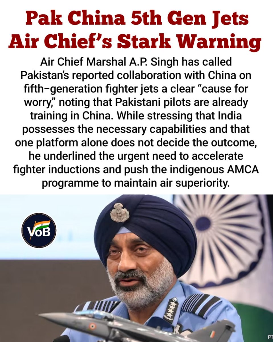 VoiceOfBharat07's tweet photo. 🚨 Air Chief’s direct warning to the government: We need 36-40 fighter jets every year to beat Pakistan Air Force. Finalise MRFA deal this year. Push AMCA hard. No more delays.
#IAF #NationalSecurity #IndiaFirst #AirPower #MakeInIndia https://t.co/QZl5ZqRldN