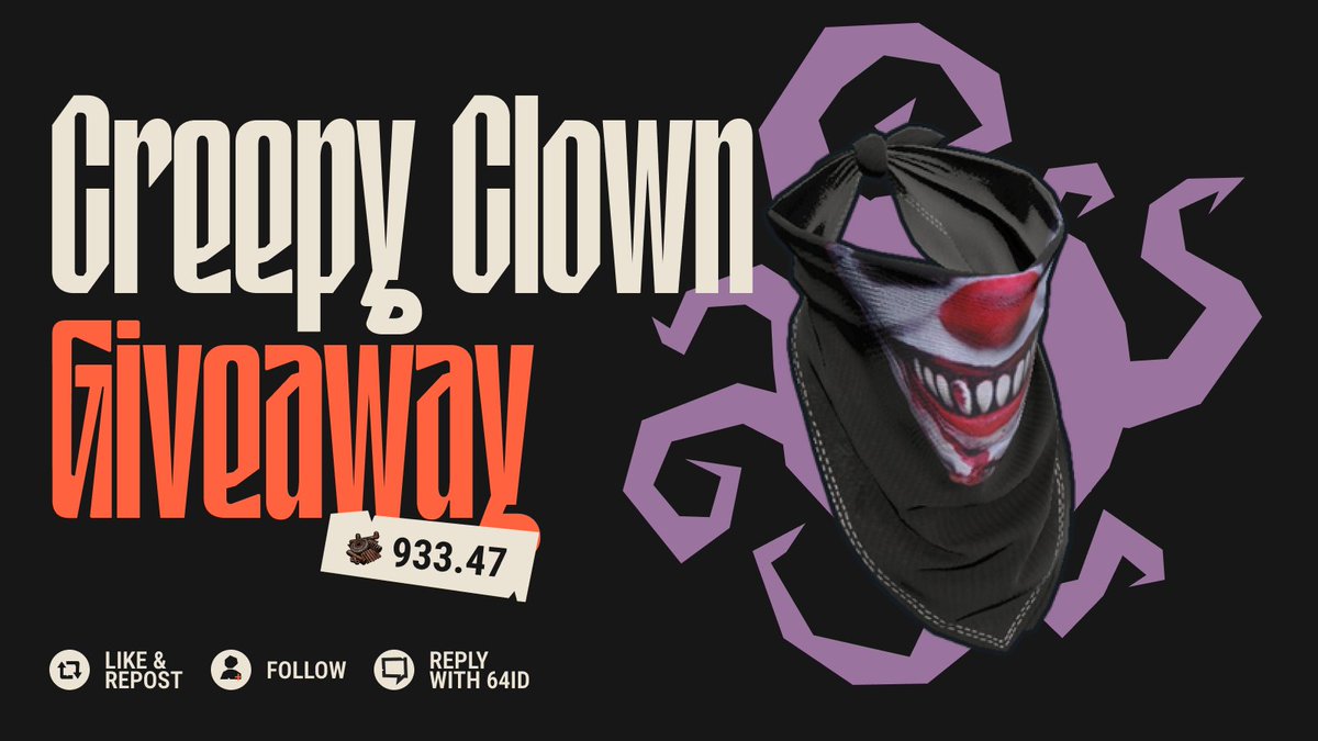 bandit's tweet photo. [$979.24] Creepy Clown Bandana — Rust Skin Giveaway

🔸 Like &amp; Repost
🔸 Follow us @bandit
🔸 Reply with your Steam 64ID

The winner will be picked on Halloween night! https://t.co/bGeq9g841E