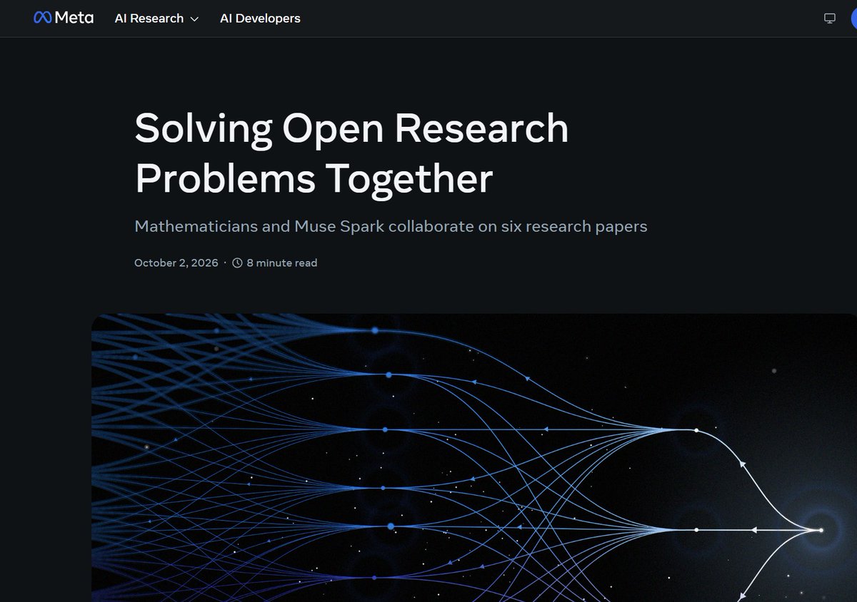 Secretof_forest's tweet photo. Meta AI published six math papers co-authored with mathematicians using Muse Spark 1.1/1.2 in Thinking Mode via the plain https://t.co/mOkBNW6KGf chat, no custom scaffold.

Five answer open problems.

Papers mark AI- vs human-drafted passages; a second group of mathematicians reviewed them.