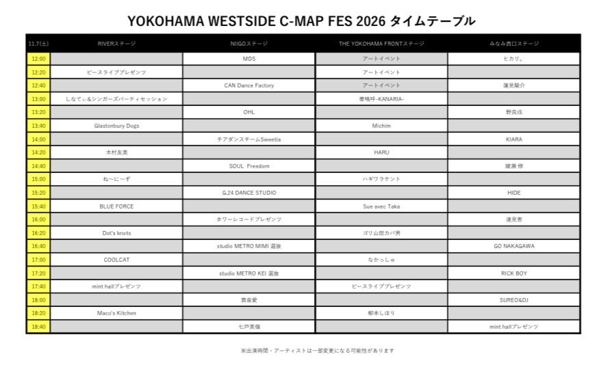 cmapfes's tweet photo. 11/7（土）と11/8（日）に開催するC-MAP FES 2026の出演者が決定しました🎊たくさんのご応募ありがとうございました。どのステージを観に行こうか悩むラインナップ🎤今からこの2日間の楽しみ方に思いを巡らせてください♫#CMAP #フェス #横浜 #都市型フェス #出演者発表 https://t.co/yMpy9WsIQB