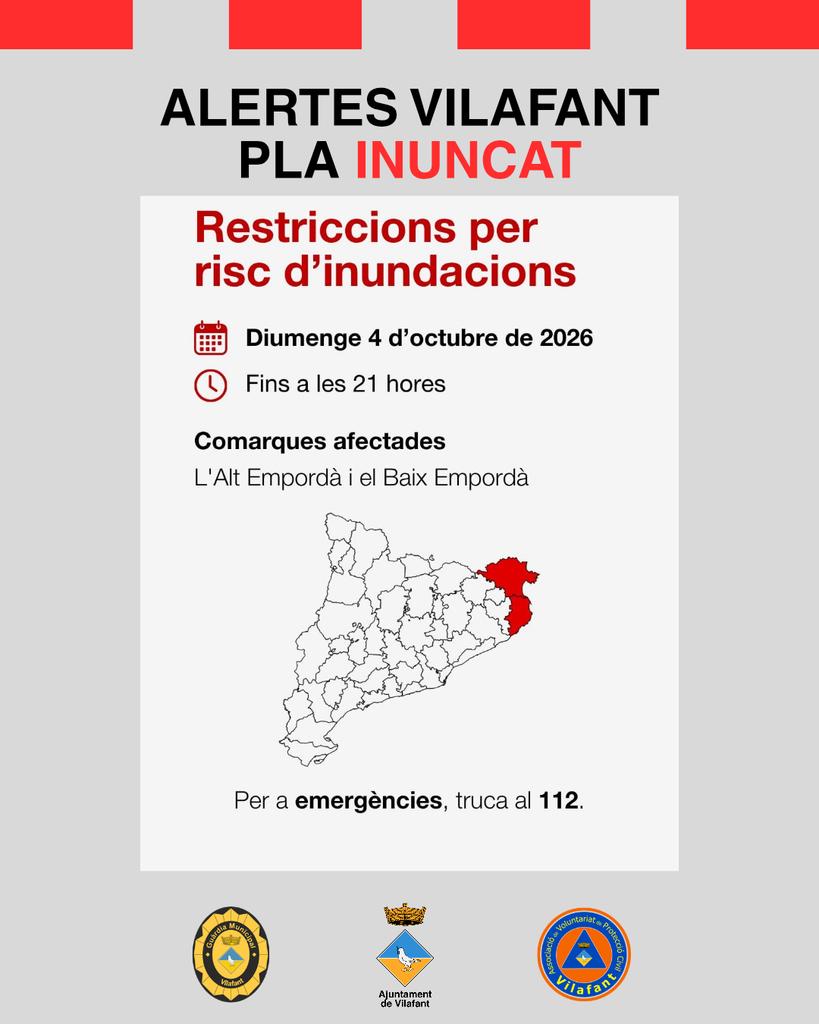 AjVilafant's tweet photo. Atenció es mantenen les restriccions fins les 21h.
Extremeu les precaucions i eviteu les lleres dels rius i els espigons. https://t.co/uRNtuvmWtK