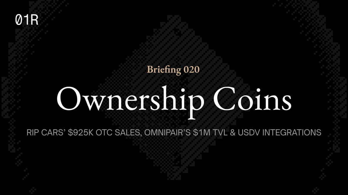 01Resolved's tweet photo. Rip Cars completed $925K in OTC sales, Omnipair crossed $1M in TVL, Solomon secured two new USDv integrations and Laso approved an increase to its monthly allowance.

Across the pond, DualMint's PLAY raise reached 89% of its target, and Umia announced its first launch.

Ownership Coins Briefing 020 is now live, covering the latest financials, decision markets and developments across the @MetaDAOProject ecosystem and beyond.

Here's what happened this week.

▪️ @ripcarsio completed five OTC deals totaling $925K and opened a new decision market seeking $250K for inventory purchases.

▪️ @omnipair crossed $1M in TVL and unveiled Dusk, introducing hedged LP vaults, spot margin and permissionless borrowing.

▪️ @solomon_labs added two USDv integrations, with OnRe allocating $1M and Oro adopting USDv to back GOLD.

▪️ @LasoFinance holders approved increasing the monthly allowance from $50K to $68.33K to hire a senior engineer.

▪️ @loyal_hq launched Earn on Google Play, bringing automated idle-USDC deployment to Android.

▪️ @P2Pdotme enabled USDC purchases with Venezuelan bolívares through Coco Wallet and Pago Móvil.

▪️ @DualMintRWA's PLAY raise has reached $202.4K from 95 investors, filling 89% of its $227.5K target.

▪️ @umia_finance announced @SlopCash as one of its first Cohort 1 projects, as UMIA surpassed $21M in trading volume and reached 1,380 holders.

Plus more. Read the full briefing [link in reply].