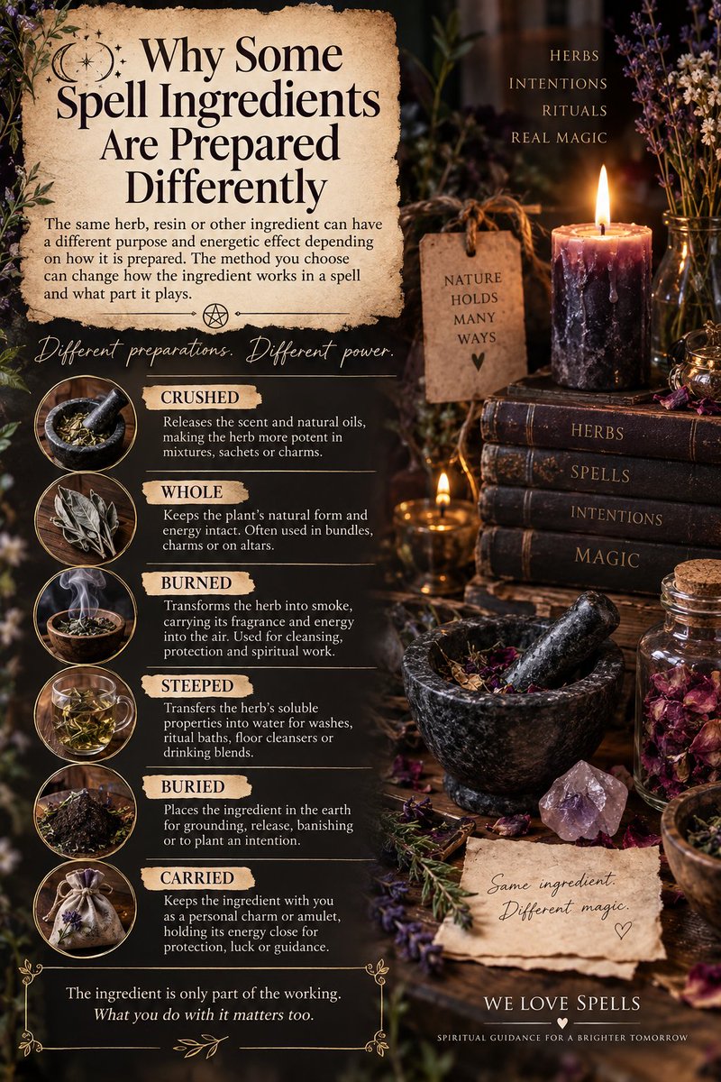 belindarituals's tweet photo. https://t.co/Jcjhysz1qJ πΏβ¨
In magical traditions, herbs may be used whole, crushed, burned, steeped, buried or carried, depending on the ritual and intention.
The ingredient is only part of the working β how it is prepared matters too.
#SpellIngredients #SpellCasting https://t.co/gnn86c2zLP