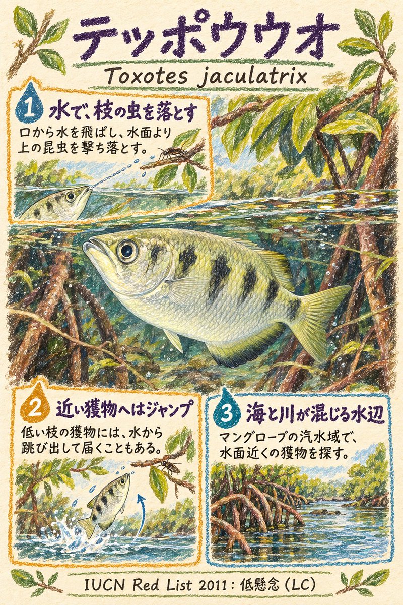 Ryukkeai's tweet photo. 水の中から、枝の虫を水鉄砲で撃ち落とす。
テッポウウオ
Toxotes jaculatrix

IUCN Red List 2011: 低懸念 (LC)
#世界の知らない生き物 #BandedArcherfish https://t.co/wNE0KVbc4v