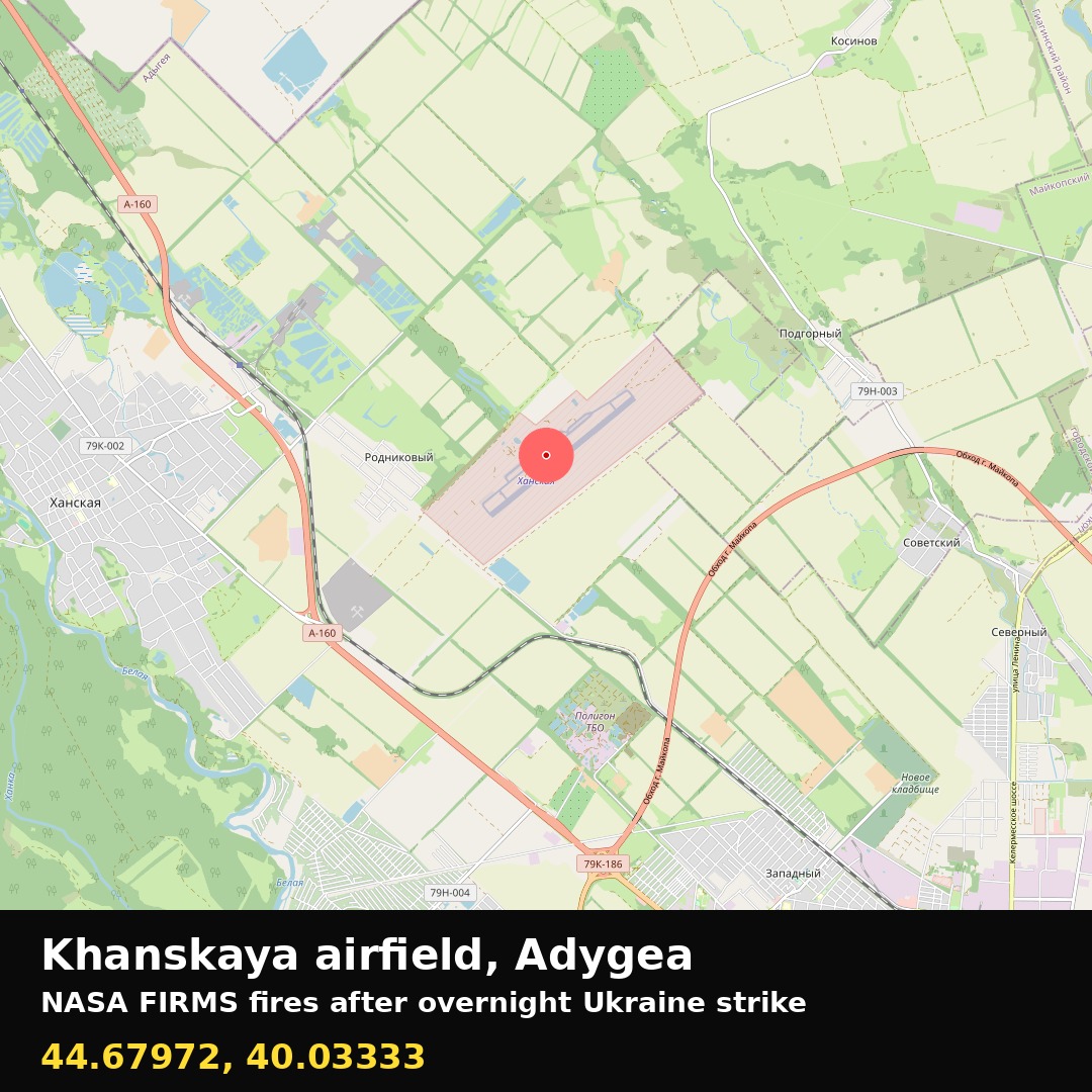 OlenaFromNorth's tweet photo. 500 km into Russia and the jets' pit stop is burning.

Overnight Ukraine drones hit Khanskaya airfield near Maykop, Adygea. Su-34 / Su-35 hub. NASA FIRMS picked up the fires.

44.67972, 40.03333
📍 https://t.co/LPkxRL4kMt https://t.co/tkEsIofy0V