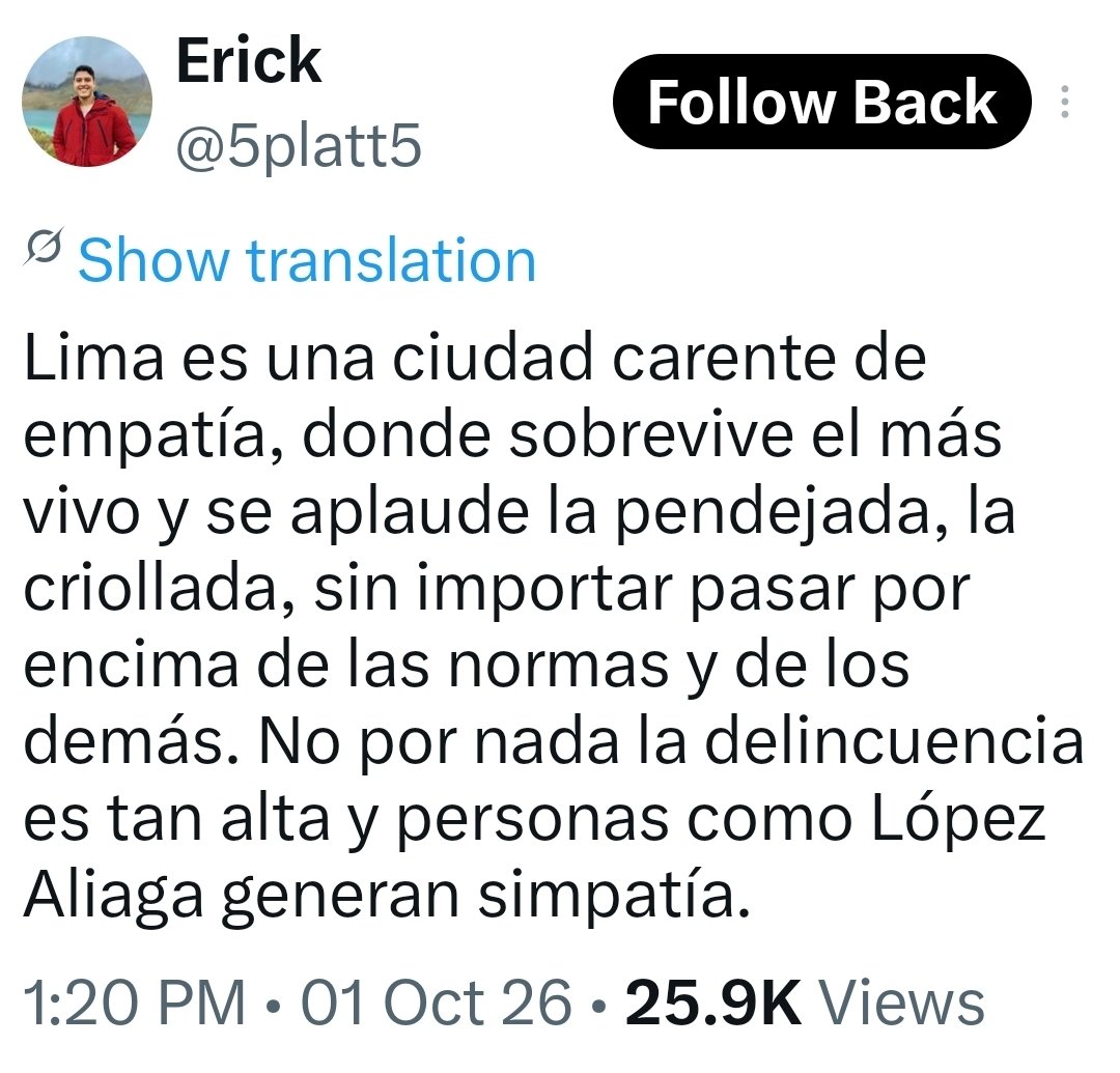 piahildebrandt's tweet photo. Razones para no votar hoy por #RafaelLópezAliaga:

~Es un mentiroso compulsivo ("Lima, potencia mundial", "Los trenes fueron donados y son de tecnología de primera"). Y no necesita estar alcoholizado para ello. Un enlace:
https://t.co/AwwaaZGezc

~Ha endeudado a Lima hasta el 2038 y la cantidad supera los 6 mil millones de soles (vean el vídeo publicado por Rafael Rey  quien, con pruebas, explica todo esto. ¡Indignante!).

~Es un farsante que dijo que no postularía a la presidencia, luego lo hizo. Como perdió ahora quiere regresar a la Alcaldía, a pesar de haber ganado como senador. O sea, se zurra en todo y hace LO QUE LE DA LA GANA. 

~En el debate municipal de hace unos días ofreció cosas absurdas como "reponer a los jueces sin rostro". ¿No tiene ni idea que está postulando a la alcaldía de Lima y que eso no le compete? 

~Sus obras hablan por él, o sea, son desastrosas. ¡Esa Vía Expresa Sur inaugurada de manera incompleta! Y otros proyectos viales o de transporte masivo (como tranvías y teleféricos) que se han reportado como pendientes o paralizados.

~Es violento y vulgar para atacar y amenazar, si no le conceden sus deseos y caprichos ("te voy a meter mi morrocoy"). ¿Cómo una persona que aspira a ser una autoridad de tan alta envergadura puede expresarse así?

~Es misógino y por eso ataca y amenaza viciosa y sistemáticamente a las mujeres que le dicen sus verdades (escuchen los testimonios de Rosa María Palacios, Juliana Oxenford, Karla Ramírez, etc.). 

~Es homófobo. Insultos a Bruce ("bebita") y un collage (que pongo aquí) para intentar desacreditarlo. Una bajeza asquerosa. El hecho de que él diga estar enamorado de la virgen María y ser casto, no le da el derecho de normar como otros viven su vida. 

En fin, ojalá la tendencia se revierta y no gane. Cualquiera menos él. Es una verdadera PORKYría.