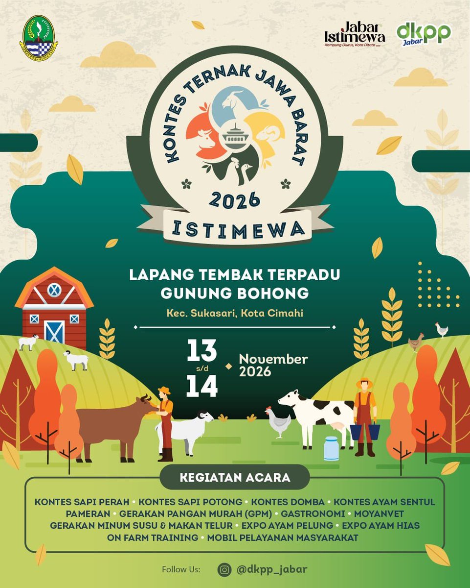 humasjabar's tweet photo. Yuk, hadir ke KONTES TERNAK JAWA BARAT 2026 📣

🗓 13-14 November 2026
📍Lapangan Tembak Terpadu Gunung Bohong, Kec. Sukasari, Kota Cimahi

Simak lengkap kegiatan acaranya dalam slide 2, yaaa 😉

Grafis by DKPP Jabar https://t.co/1gWFYCGBIy