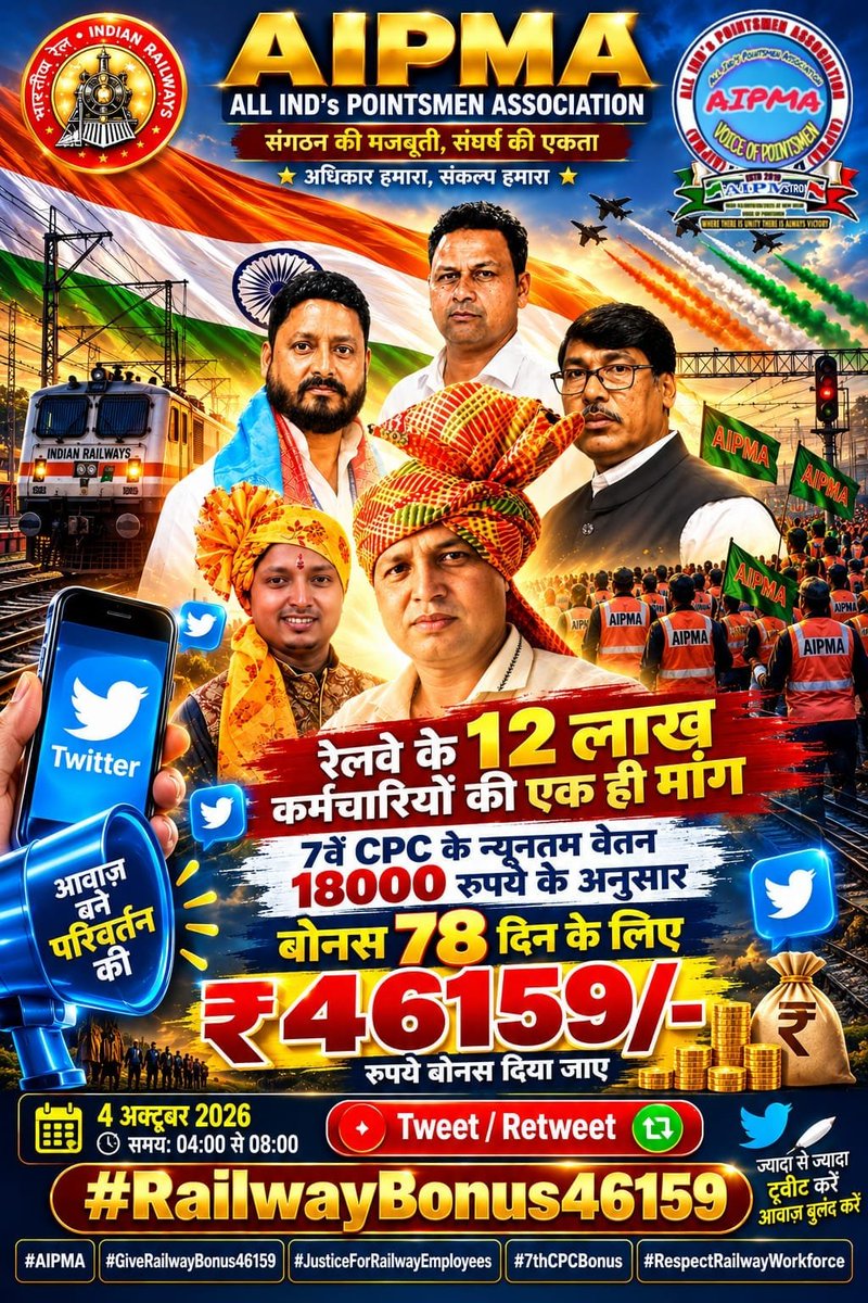 RadheRadhe54727's tweet photo. @AIPMA03 @PMOIndia @AshwiniVaishnaw @RailMinIndia @news24tvchannel @aajtak @SanjayAzadSln @LkoAipma @ZeeNews रेलवे कर्मचारियों को आज भी छठवें वेतन आयोग के आधार पर बोनस दिया जाता है। अब समय है कि बोनस की गणना 7वें वेतन आयोग के न्यूनतम बेसिक ₹18,000 के आधार पर हो और ₹46,159 बोनस दिया जाए।
#RailwayBonus46159
@RailMinIndia @AshwiniVaishnaw @PMOIndia @PIB_India @RahulGandhi https://t.co/MW8WqXTX9i