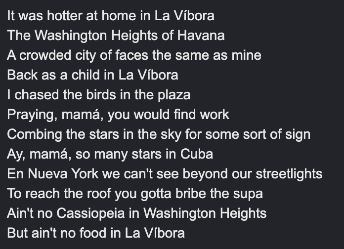 capsajcin's tweet photo. it's such an interestingly blanket feeling, lyrics from "paciencia y fe" and "when you're home" from In The Heights .. the knowing this Is a place of more opportunities but there's so much to mourn and wonder about anyways, as futile as it is https://t.co/nx1uTVWY3D