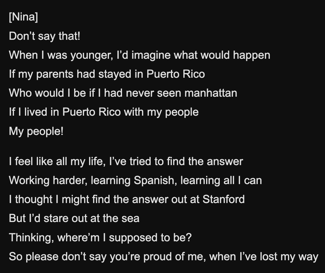capsajcin's tweet photo. it's such an interestingly blanket feeling, lyrics from "paciencia y fe" and "when you're home" from In The Heights .. the knowing this Is a place of more opportunities but there's so much to mourn and wonder about anyways, as futile as it is https://t.co/nx1uTVWY3D
