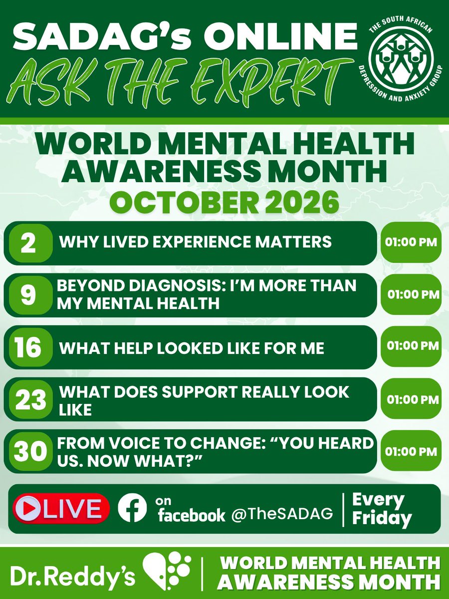 TheSADAG's tweet photo. Throughout the month of October, our Ask The Expert sessions will feature people with lived experience as our guests. They will explore what they have learnt along the way, what support has helped, and why listening to lived experience matters when it comes to Mental Health care. https://t.co/zBRThWeBBi