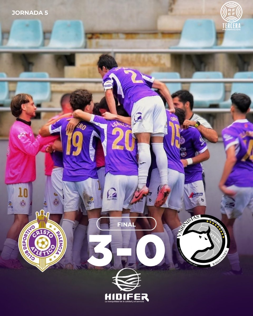 PalenciaCristo's tweet photo. 🏁 FINAL | 3-0

💜 ¡VICTORIA EN LA BALASTERA!

Partido, carácter y contundencia. El equipo firma una actuación de nivel y se queda con los tres puntos.

@PalenciaCristo 3️⃣
@USCFbase  0️⃣

Hoy manda el Cristo Atlético.
Hoy manda La Balastera.

¡SEGUIMOS! 💜🔥 https://t.co/AY36z95z10