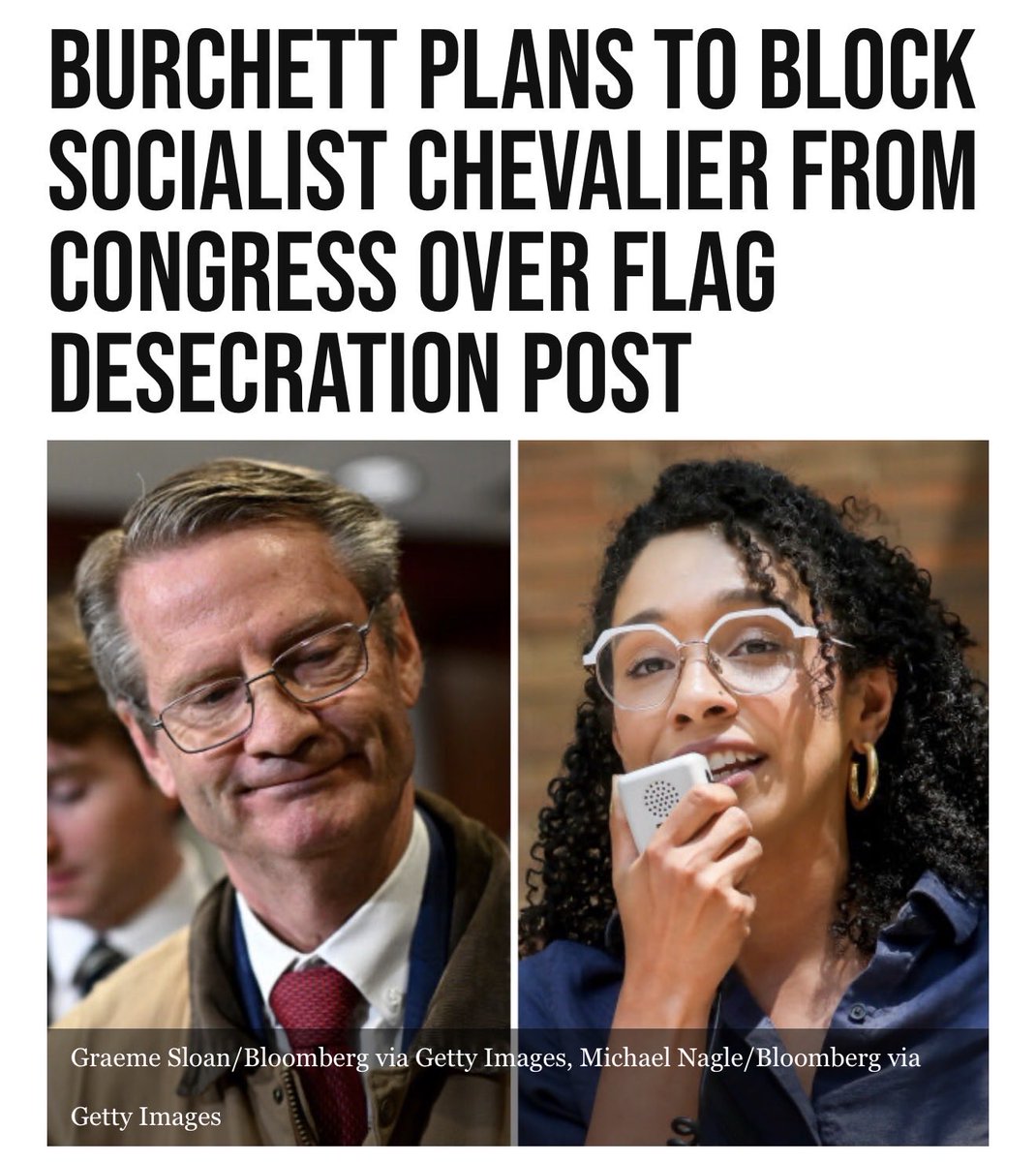GuntherEagleman's tweet photo. GOOD! TIM BURCHETT IS DOING WHAT EVERY REPUBLICAN SHOULD HAVE THE GUTS TO DO.

Socialist Chevalier posted flag desecration and still expects a seat in the Congress that flag represents. 

Burchett says he plans to block her, and he's right. If you can't respect the flag, you have no business swearing an oath under it. 

Thank you Tim for standing up when so many others would stay quiet.