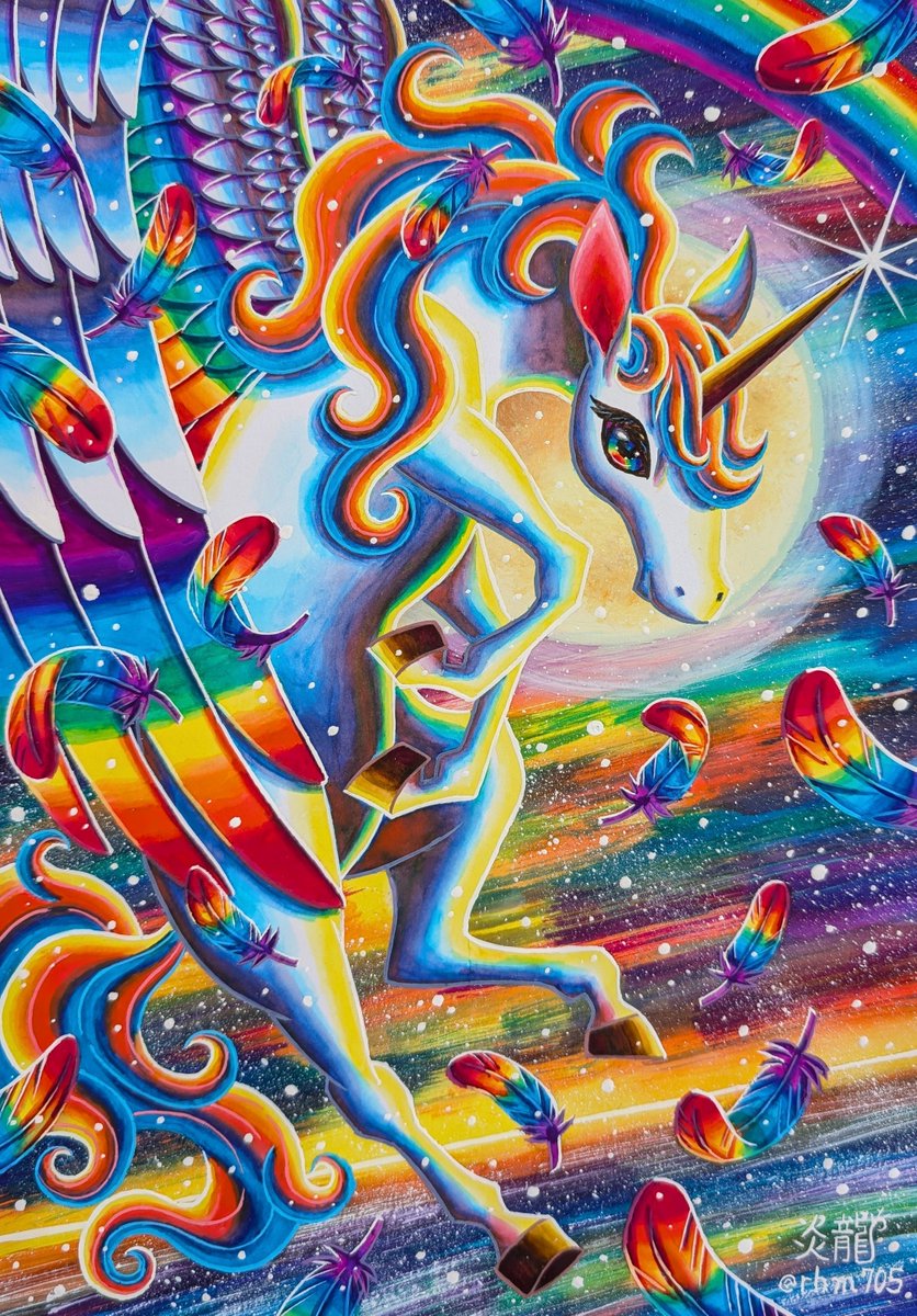 rhm705's tweet photo. オリジナル創作イラスト✨🪽🌈
皆様はどの子が好みかな？🐉🌹✿🦄
#天使の日　
#アナログ画 https://t.co/1S1X8R45nj