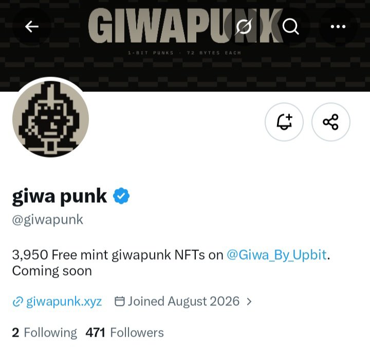 onchaincomms's tweet photo. Early alpha call: GIWA PUNK 👀

A collection of 3,950 free-mint NFTs coming soon on @Giwa_By_Upbit.

The concept is built around 1-bit Punks, keeping the art simple, recognizable, and heavily pixel-focused.

Still early with only 471 followers.
Could be one to watch before the crowd catches on.

@giwapunk | https://t.co/zJXz7WoQzf

DYOR, but we keeping this one on the radar.