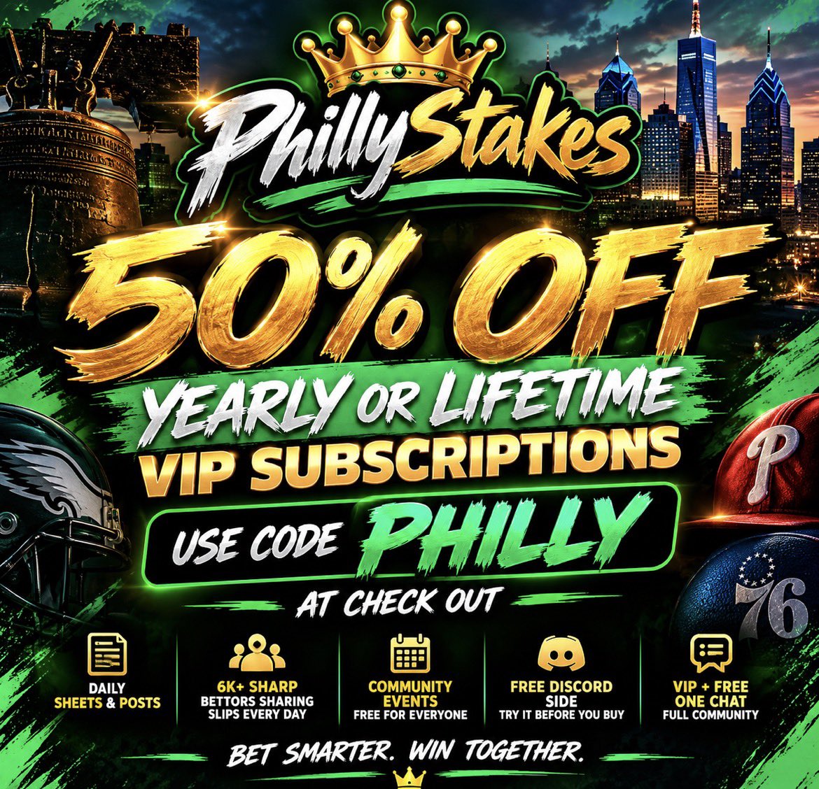 PhillieStakes's tweet photo. 🔥 50% OFF VIP IS LIVE! 🔥
Use code PHILLY at checkout 💰

🏆 YEARLY VIP: 50% OFF Yearly VIP⁠
https://t.co/GLuS2rSv6Y

👑 LIFETIME VIP: 50% OFF Lifetime VIP⁠ https://t.co/SKCWhl8hmA

CODE: PHILLY 🦅💚
Don’t miss this one. 🔥 https://t.co/BbkxIhUIE9