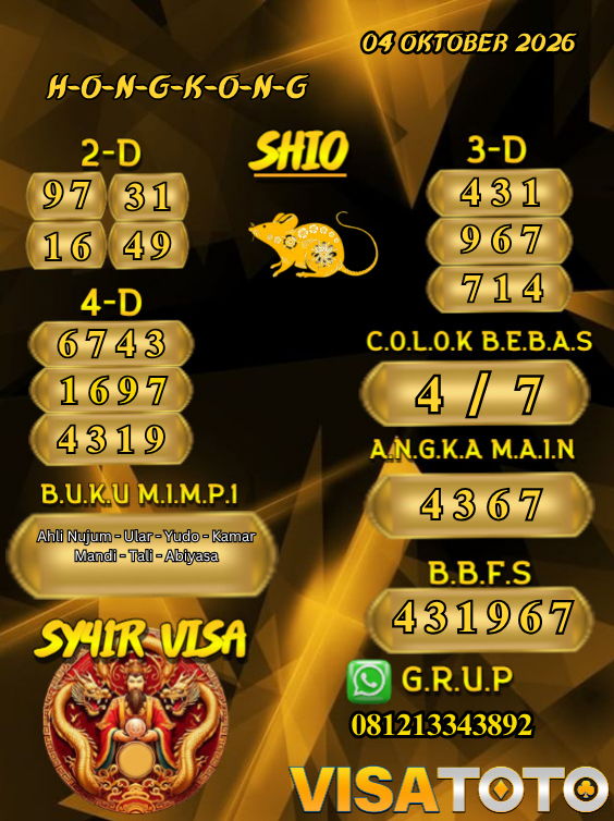 PrediksiVisa's tweet photo. PREDIKSI VISATOTO HARI INI 04 OKTOBER 2026
PASARAN : HONGKONG
SALAM JACKPOT & TETAP UPS BOSSKU !! π₯°π₯°
#visatoto #AngkaMain #ColokBebas #Prediksijitu https://t.co/QPyeKMazLV