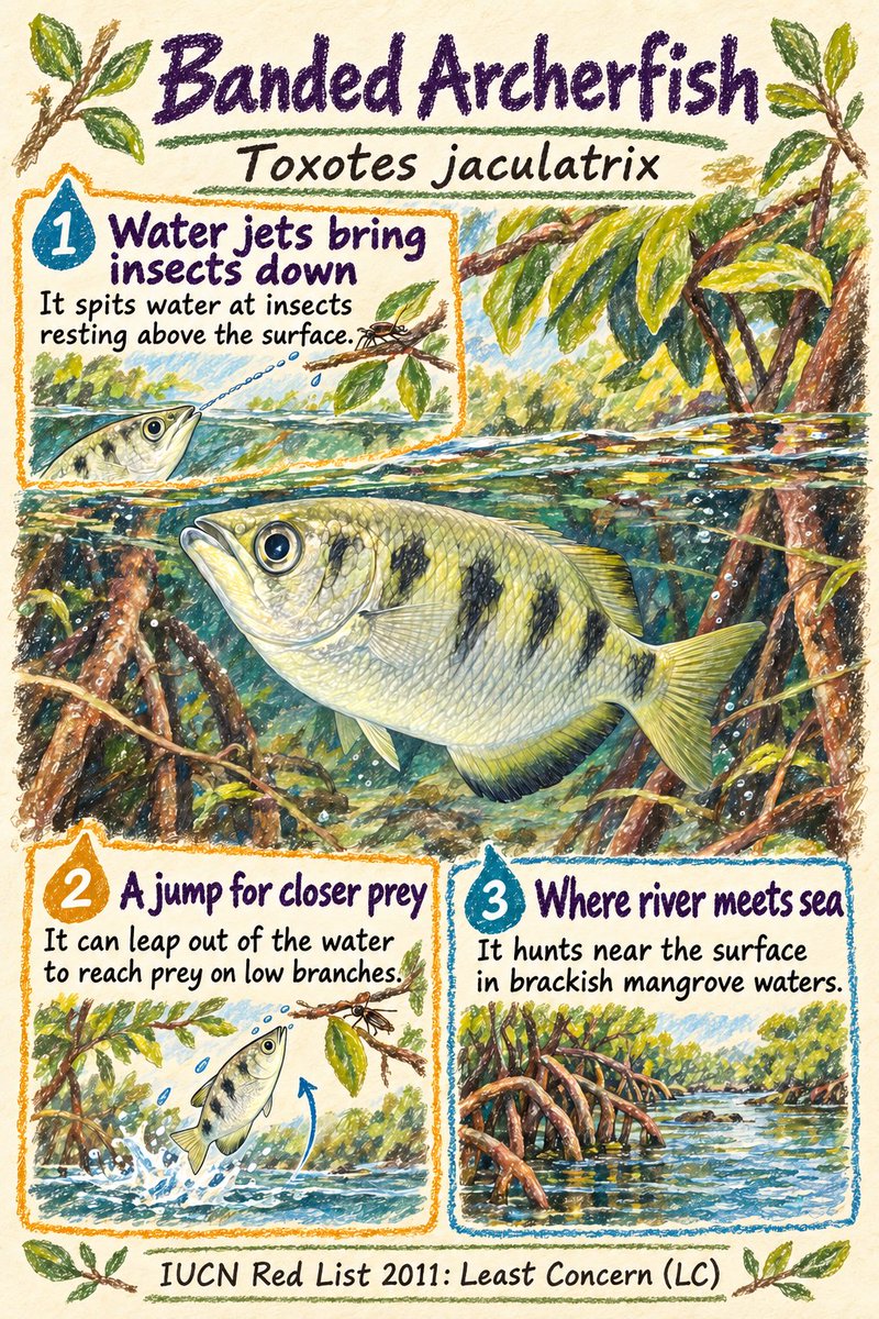 Ryukkeai's tweet photo. A fish fires water at insects above the surface.
Banded Archerfish
Toxotes jaculatrix

IUCN Red List 2011: Least Concern (LC)
#BandedArcherfish https://t.co/NtHSg5KlP1