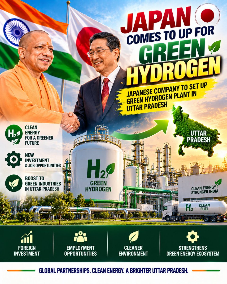 DeshKaDashboard's tweet photo. JAPAN COMES TO UP FOR GREEN HYDROGEN 🇯🇵🇮🇳

Invest UP lists a Japanese company planning a green hydrogen plant in Uttar Pradesh.
@BJP4UP @myogiadityanath https://t.co/S621Wbw3RP