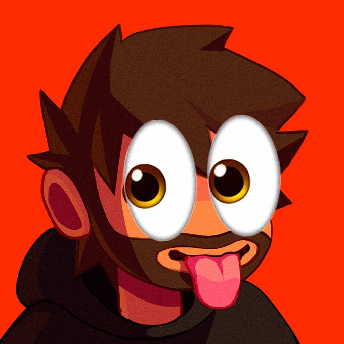 A cartoon-style character with brown hair, large expressive eyes, and tongue sticking out against a bright red background.