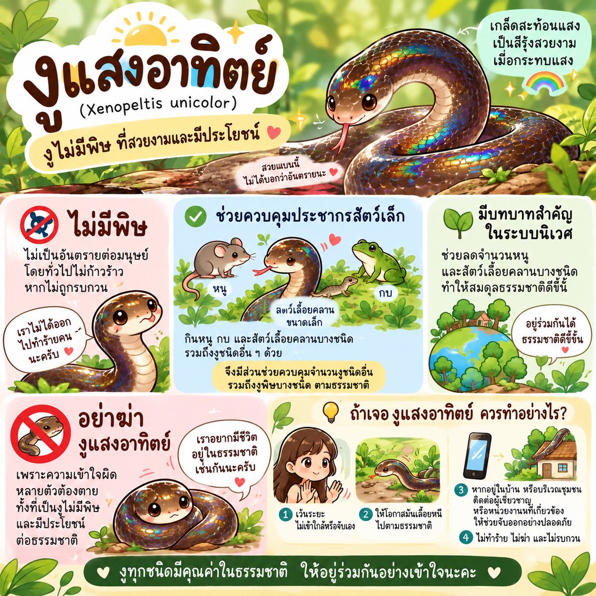 7o2gether4ever's tweet photo. 🐍 งูแสงอาทิตย์ (Xenopeltis unicolor)
งูไม่มีพิษที่หลายคนเห็นแล้วตกใจ แต่จริง ๆ แล้วมันไม่ได้ทำร้ายคน
จุดเด่นคือเกล็ดของมันสะท้อนแสงเป็นสีรุ้งสวยงาม จนเป็นที่มาของชื่อ “งูแสงอาทิตย์”

#งูแสงอาทิตย์ เป็นงูไม่มีพิษ พบได้ทั่วไทย โดยเฉพาะพื้นที่ชื้น นา ป่าละเมาะ และสวนใกล้บ้าน ชื่อไทยอื่นคือ งูเหลือมดิน
👍ประโยชน์
ช่วยควบคุมหนูสัตว์เล็กรวมถึงงูพิษ : กินหนู ลูกหนู กบ จิ้งจก และงูตัวเล็กด้วยการรัด ช่วยลดศัตรูพืชในนาและสวน
😍ไม่เป็นอันตรายต่อคน: ไม่มีพิษ โอกาสถูกกัดต่ำมาก และกัดแล้วไม่เป็นอะไรนอกจากแผลเล็ก
❤️เป็นส่วนหนึ่งของระบบนิเวศพื้นที่ชื้น: ช่วยสมดุลประชากรเหยื่อในป่าละเมาะ ทุ่งนา และพื้นที่เกษตร
🥺ความเชื่อว่าถูกกัดแล้วจะตายเมื่อพระอาทิตย์ขึ้นไม่มีหลักฐานทางวิทยาศาสตร์ งูชนิดนี้ไม่มีพิษและไม่ทำให้ตายได้ หากเจอในบ้านหรือสวน ปล่อยให้เลื้อยไปเองหรือใช้ไม้กวาดเขี่ยออกอย่างเบามือจะปลอดภัยที่สุด