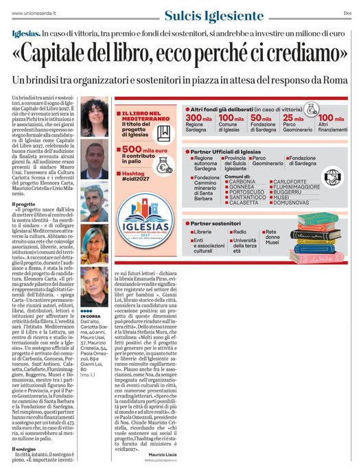iglesias2027's tweet photo. Su @UnioneSarda di oggi
Grazie Maurizio Liscia!
#cidl #cidl2027 #capitaleitalianadellibro #iglesias https://t.co/cy83NnxmVE