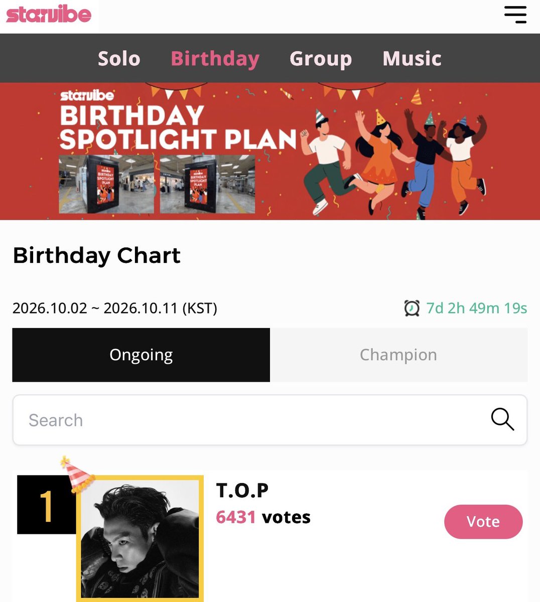 TTTOPSUPPORT's tweet photo. Reminder to check-in on Starvibe today and vote for T.O.P!! 🌟👍☺️

🔗 https://t.co/qaRsVnbo62

We have 7 days left! 💪

#탑 #최승현 #CHOISEUNGHYUN #TTTOP #T_O_P https://t.co/NuJSs8cOp3