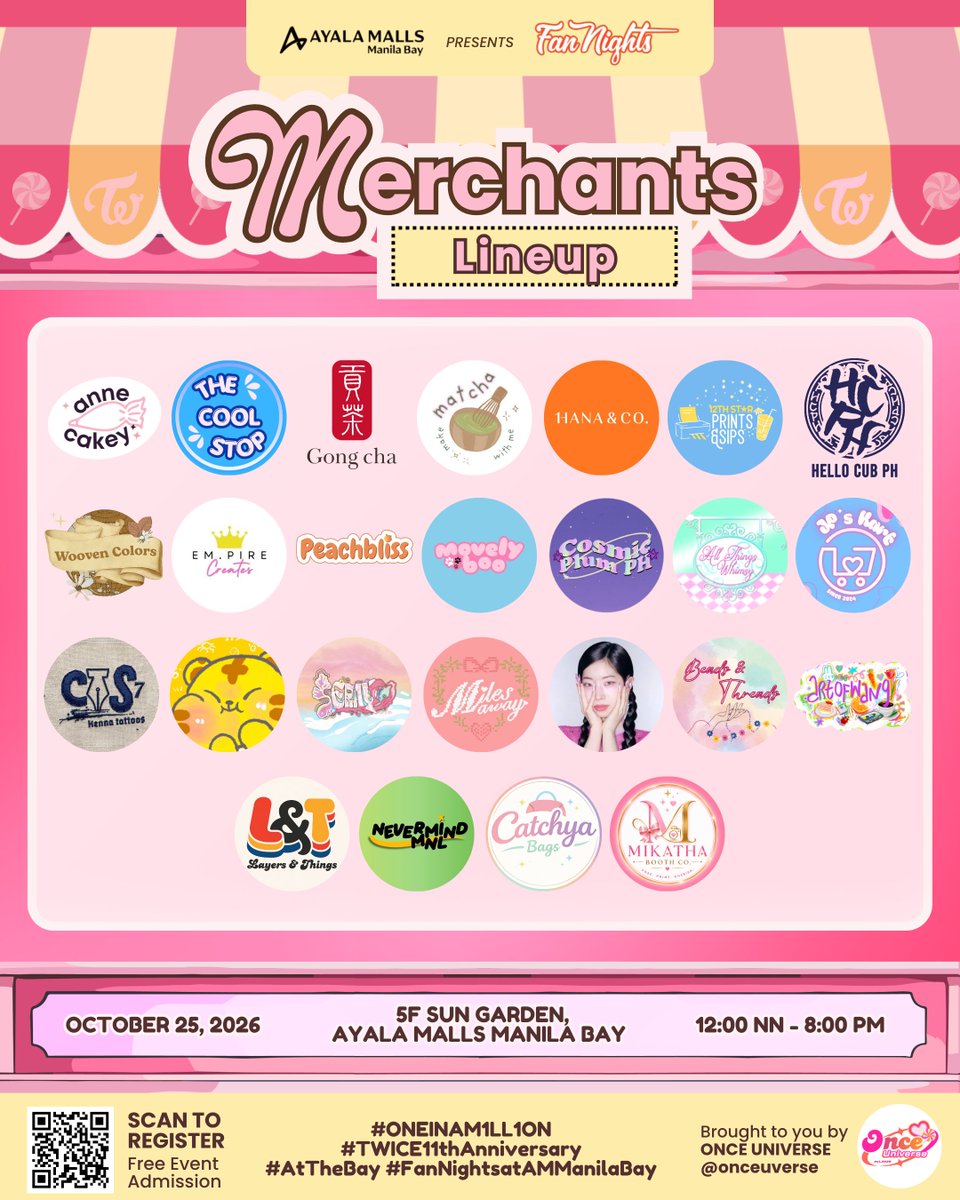 onceuverse's tweet photo. A little sweetness, a whole lot of TWICE, and a marketplace full of goodies! ✨

ONCEs, get ready to POP into the ONCE Merchant Marketplace. 🛍️🍭

Meet the amazing merchants joining us at ONE IN A M1LL1ON: TWICE’s 11th Anniversary Event 🎉

MEET OUR MERCHANT LINEUP!
📅 October 25, 2026
⏰ 3:00 PM–8:00 PM (Doors open at 12 NN)
📍 5F Sun Garden, Ayala Malls Manila Bay
🎟️ FREE ADMISSION

Come shop, treat yourself, and make sweet memories with us, ONCEs! 🍭💗

#ONEINAM1LL1ON #TWICE11thAnniversary
#AtTheBay #FanNightsatAMManilaBay