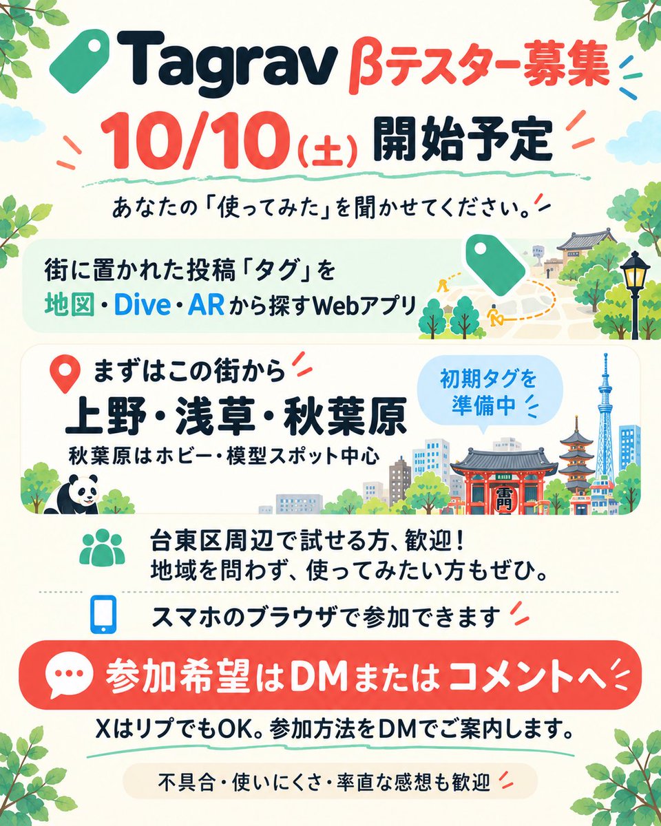 kibafurutori's tweet photo. いつもの街に、まだ知らない発見。
地図やARで投稿を見つけ、気になる場所を集める「Tagrav」のβテスターを募集します！

10/10(土)開始予定。
上野・浅草・秋葉原を中心に準備中ですが、地域を問わず歓迎です。

参加希望はリプかDMへ！
#Tagrav #個人開発 https://t.co/7gbXEJWoV1