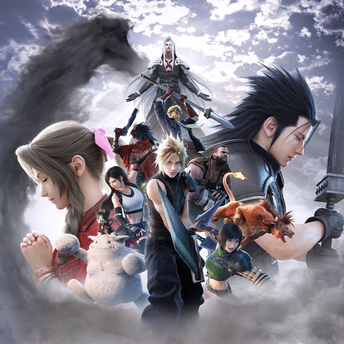 Promotional artwork for Final Fantasy VII featuring the main cast including Cloud, Sephiroth, Tifa, Aerith, and Barret against a cloudy sky backdrop.