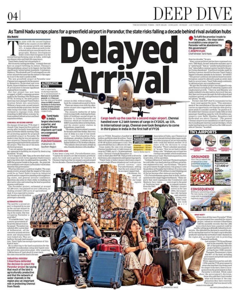 TRBRajaa's tweet photo. YOU CAN CANCEL AN AIRPORT IN A DAY.

But the replacement will take a DECADE✈️

Read this article by @EconomicTimes .

The warning we gave from Day 1 is now becoming a national economic concern.

Scrapping the Parandur Greenfield Airport after years of technical studies, site evaluation and clearances, including In-Principle Approval from the Union Government on 7 April 2025, could push #Chennai’s aviation expansion back by years and this isn’t merely about passenger convenience.

The Kanchipuram~ Thiruvallur~ Chengalpet~ Chennai belt is at the heart of one of India’s most powerful manufacturing corridors for electronics, automobiles, EVs, aerospace, exports and global supply chains.

A future-ready Chennai needs two long parallel runways, cargo capacity, MRO and room to grow.

If Parandur had to be cancelled, the responsible thing was obvious:

FIRST identify a technically viable alternative (if any) and THEN cancel Parandur.

Instead, they cancelled the solution before finding the replacement !

Now tell Tamil Nadu:

📍 Where is the alternative site?
📐 Where are the ~5,000 acres?
✈️ Where are the two 4,000m-class runways?
📅 And most importantly, WHEN will Chennai actually get its second airport?

Every year lost is investment, cargo, connectivity and jobs lost to competing cities.

The #CMMKStalin govt diagnosed Chennai’s aviation problem...

Then the Tvk govt cancelled the cure.

#ChennaiAirport #Tvk #Mathuranthakam
#TVKFails #Madhuranthagam

https://t.co/SSWdeZvrCK