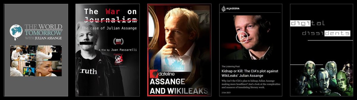 wikileaks's tweet photo. 🎞️The World Tomorrow - Julian Assange and Quick Roll Productions — 2012 
A political TV interview series created and hosted by WikiLeaks founder Julian Assange, featuring incisive and sometimes unconventional conversations with dissidents, thinkers, political leaders and rebels from around the world.
https://t.co/0RrBrjHsSn

🎞️The World Tomorrow: Cypherpunks, Parts 1 & 2 
Assange talks with Jacob Appelbaum, Andy Müller-Maguhn and Jérémie Zimmermann about cryptography, mass surveillance, state power and whether the internet will become an instrument of emancipation or control.
https://t.co/enKY8kXgrI
https://t.co/cy9SMwtTfU

🎞️The World Tomorrow: Imran Khan 
Assange interviews Imran Khan about Pakistan, US power, the war on terror and Khan’s emergence as a major political force; the programme aired on 19 June 2012.
https://t.co/zertt59dEy

🎞️The World Tomorrow: Hassan Nasrallah 
For the first episode of his interview series, Assange interviewed Hezbollah leader Hassan Nasrallah from their respective locations by video link—the first English-language interview with Nasrallah in more than a decade.
https://t.co/chWSx3eDpB

🎞️The War on Journalism: The Case of Julian Assange — Juan Passarelli — 2020 
A short documentary examining the Assange prosecution as a press-freedom case and the implications of extraditing a publisher for obtaining and publishing classified information.
https://t.co/aZsLrPTC7C

🎞️Assange and Wikileaks – Dateline – 2010 
In this 2010 segment, Dateline’s Mark Davis interviews Julian Assange. For the first time, Assange talks about his background in Australia, his previous hacking activities there, the charges he faced, and his role at WikiLeaks.
https://t.co/INpw5B7DJ0

🎞️Kidnap or Kill– Al Jazeera - 2021 
The CIA’s plot against WikiLeaks: why isn’t the CIA’s plan to kidnap Julian Assange making more headlines?
https://t.co/JX2CIZ3cZb

🎞️Digital Dissidents – Al Jazeera - 2016 
Digital Dissidents: The warriors of the digital age fighting side by side for transparency and privacy in the digital world.
https://t.co/0JxQcrbZMp
