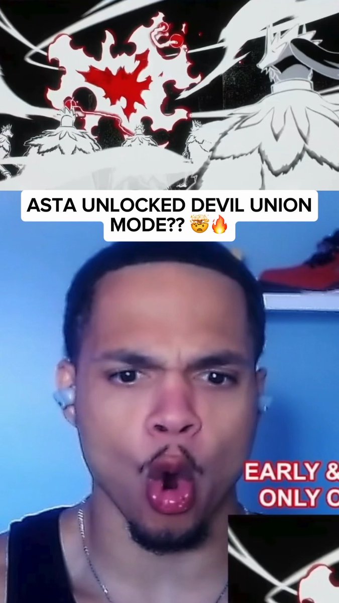A reaction video screenshot showing a man's surprised face with text overlay 'ASTA UNLOCKED DEVIL UNION MODE??' above an anime scene with red energy.