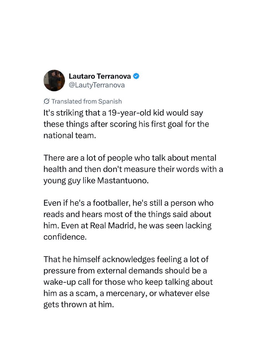 RisingBallers_'s tweet photo. This is deeper. Franco Mastantuono scored his first ever goal for Argentina yesterday… and instead of celebrating, used the opportunity in his post-match interview to talk about the struggles and demands of playing at the top level at such a young age 🙏🏽❤️

Franco’s had attention from the media for years, dating back to his River Plate days. Been dubbed as Argentina’s future for years, and then got a move to Real Madrid… where even more attention followed. Dealing with all that pressure and all those eyes is not easy for anyone, yet alone a teenager…

Love seeing rising ballers talk about this side of the game. It’s so important. Franco’s smashing it for Fiorentina and Argentina right now… love it 🇦🇷❤️