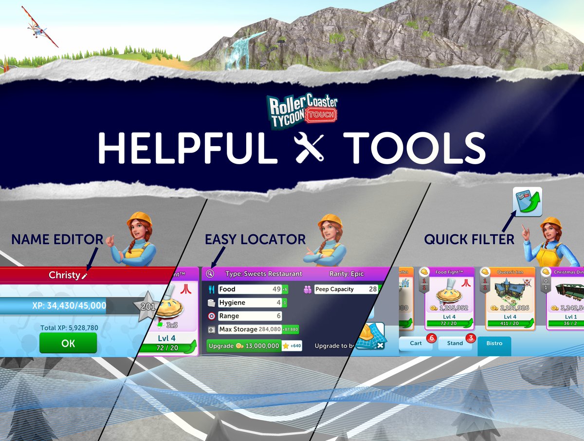 RCT_Touch's tweet photo. Useful tools:

NAME EDITOR -
Tap on your level in the Park Hub, use the pencil icon to change your name

EASY LOCATOR -
Tap the magnifying glass to bring you straight to the item.

QUICK FILTER -
Tap the top right Filter icon to display only those cards available for upgrading https://t.co/BPMOMIvxEW