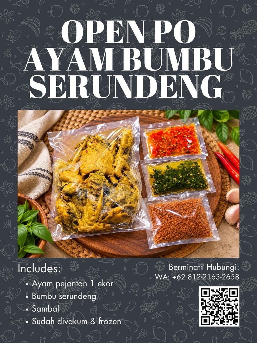 Monstiez_INA's tweet photo. OPEN PO MAKANAN FROZEN 🍽️
▸ SATE BABI BALI — NON-HALAL
IDR 75K / 10 tusuk
▸ AYAM BUMBU SERUNDENG
IDR 100K / 1 ekor
Includes sambal & bumbu serundeng
✅ Semua produk sudah divakum & frozen.
#OpenPO #POBandung #FrozenFoodBandung #KulinerBandung #POMakanan https://t.co/XD1JZoIarc