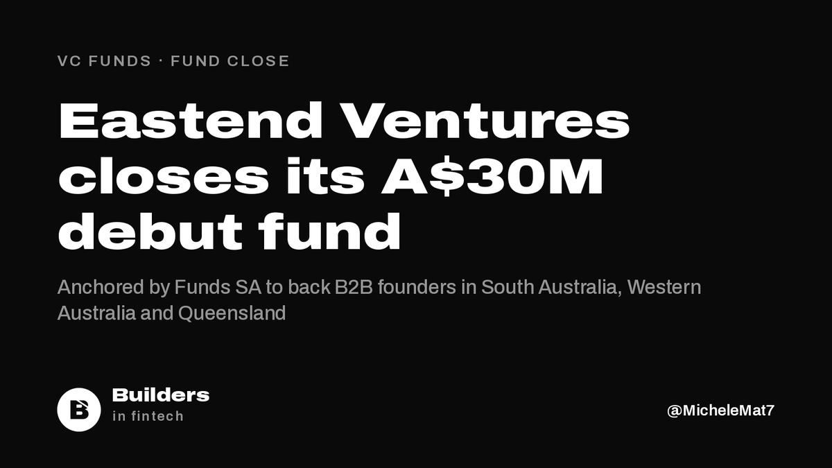 buildersfintech's tweet photo. Adelaide's Eastend Ventures has closed its debut Fund 1 at A$30M, anchored by Funds SA, South Australia's state investment corporation.

It backs B2B founders in SA, WA and Queensland, which get under 10% of Australian VC. A$8.1M already in 7 companies. Brad Feld chairs the LPAC. https://t.co/SAkFi9KeZ9