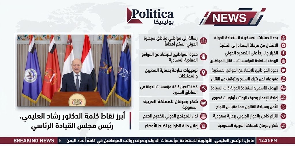 360Poli's tweet photo. 🎙️ أبرز ما جاء في خطاب رئيس مجلس القيادة الرئاسي اليمني القائد الأعلى للقوات المسلحة الدكتور رشاد العليمي:

⚔️ بدء العمليات العسكرية: لاستعادة ما تبقى من أراضي الجمهورية وبسط سلطة الدولة ومؤسساتها على كامل التراب الوطني. 
🚀 مرحلة التحرير: الانتقال من مرحلة الاستعداد والتهيئة إلى العمل والتحرير الفعلي بعد استنفاد فرص التهدئة. 
⚠️ أسباب القرار: استمرار مليشيات الحوثي في الحشد، التصعيد، والاعتداءات على المدنيين، المنشآت، دول الجوار، والممرات الدولية. 
🛡️ طبيعة المعركة: ليست ضد المواطنين، المناطق، المذهب، أو القبيلة، بل لاستعادة المؤسسات ومنع مصادرة إرادة اليمنيين بقوة السلاح. 
✉️ رسالة لمناطق سيطرة الحوثي: أنتم لستم هدفاً للعمليات العسكرية، بل إن أمنكم وحقوقكم وكرامتكم من أهم أسبابها. 
🛑 دعوة للمواطنين: الابتعاد عن المواقع والتجمعات العسكرية وطرق إمداد الحوثي، وحماية الأبناء من الزج بهم في المعارك. 
🕊️ عفو عام: تجديد الالتزام بالعودة الآمنة والعفو المعلن لكل من يترك السلاح ويتوقف عن القتال في صفوف المليشيات. 
⚖️ حماية المدنيين: توجيه القوات المسلحة والمقاومة للالتزام بالقانون وحماية الممتلكات (لا ثأر، ولا انتقام، ولا اعتداء على الأبرياء). 
🎯 إعادة الدولة: المهمة ليست استعادة الأرض فقط، بل إعادة تفعيل الدولة ومؤسساتها. 
📋 خطة المواكبة: توجيه الحكومة لإعداد برنامج متزامن لبدء عمل المؤسسات في المناطق المستعادة فوراً. 
💰 أولويات ما بعد التحرير: صرف رواتب الموظفين، معالجة المستحقات، إعادة الإعمار، إصلاح الخدمات (الطرق، الكهرباء، المياه)، وعودة النازحين. 
✅ مقياس النجاح: عودة الأمن للمواطنين، عودة الأسر لمنازلها، وحصر السلاح بيد سلطة القانون، وليس فقط عدد المدن المستعادة. 
🤝 القضية الجنوبية: الالتزام بما يفضي إليه الحوار الجنوبي-الجنوبي برعاية السعودية لضمان حل عادل وشامل. 
🇸🇦 شكر وعرفان: للمملكة العربية السعودية على دعمها المستمر لمؤسسات الدولة والتخفيف من معاناة اليمنيين. 
🌍 نداء دولي: دعوة المجتمع الدولي والأشقاء للوقوف بجانب اليمن ودعم الجهود الإنسانية والاقتصادية وإعادة الإعمار. 
🚨 استنفار شامل: إعلان حالة الاستنفار الكامل لكافة مؤسسات الدولة العسكرية والأمنية والمدنية حتى تحقيق النصر.