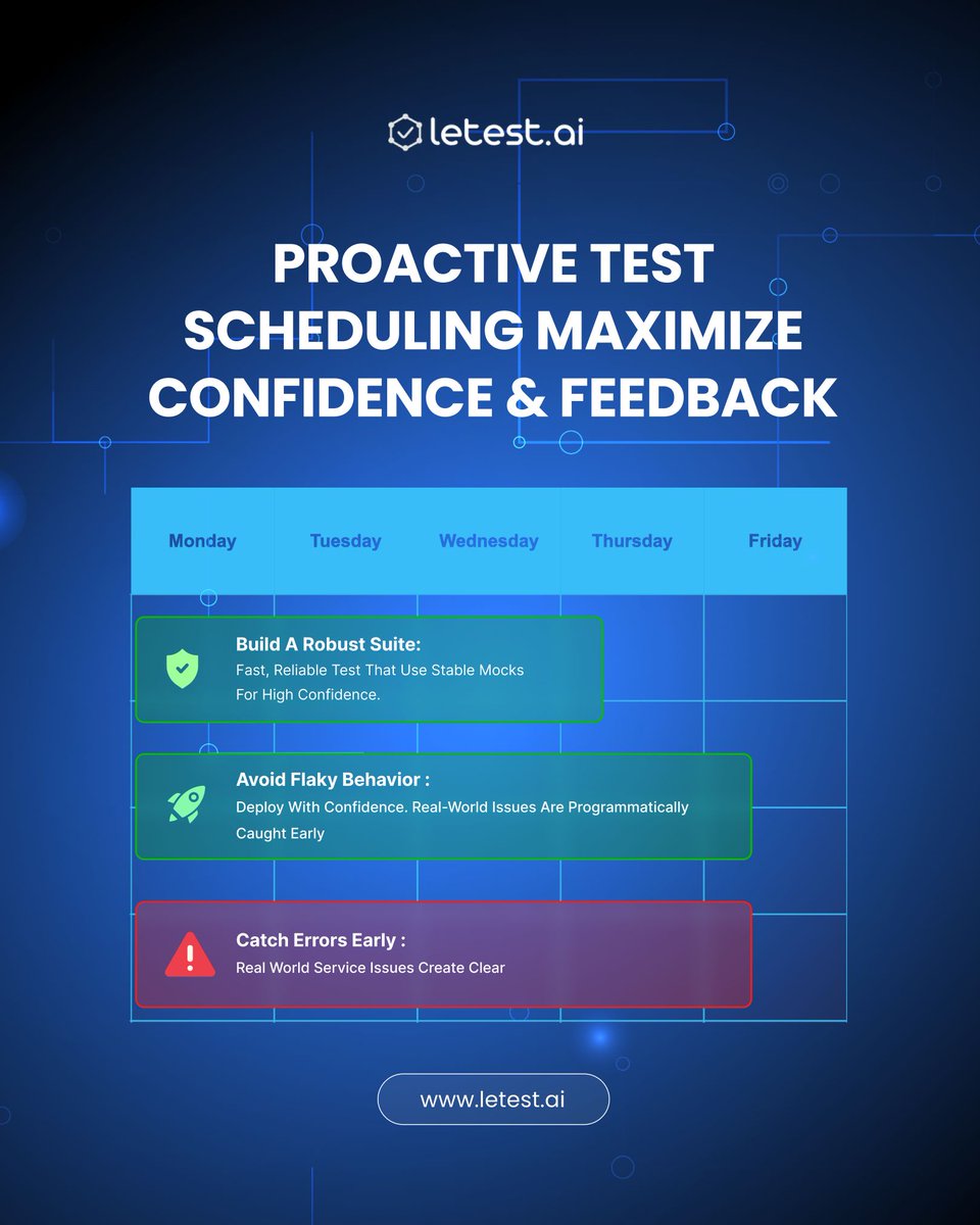 letest_ai's tweet photo. Proactive test scheduling keeps your pipeline fast and predictable!
By combining fast, reliable tests with stable mocks, you eliminate flaky behavior and catch real-world errors before they hit production. 📅⚡
#AITesting #SoftwareTesting #DevOps #QAEngineering https://t.co/RyyOPoNwD3
